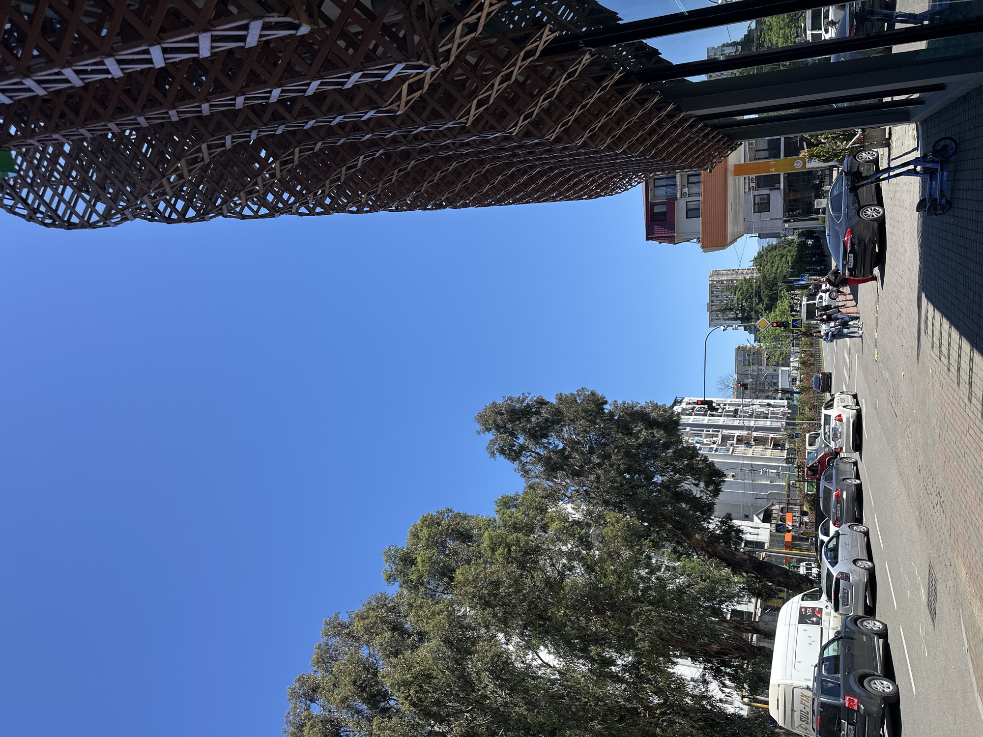 The image shows a street scene in Batumi, Georgia. A woven wooden structure is at the top of the frame, acting as an awning over what appears to be a building. Below is a clear blue sky. On the right side of the frame, a street is lined with parked cars. A few people are visible near a crosswalk, along with some electric scooters. Further in the background, various buildings of different heights are seen. A tree with green leaves is prominent in the lower-left corner of the image.