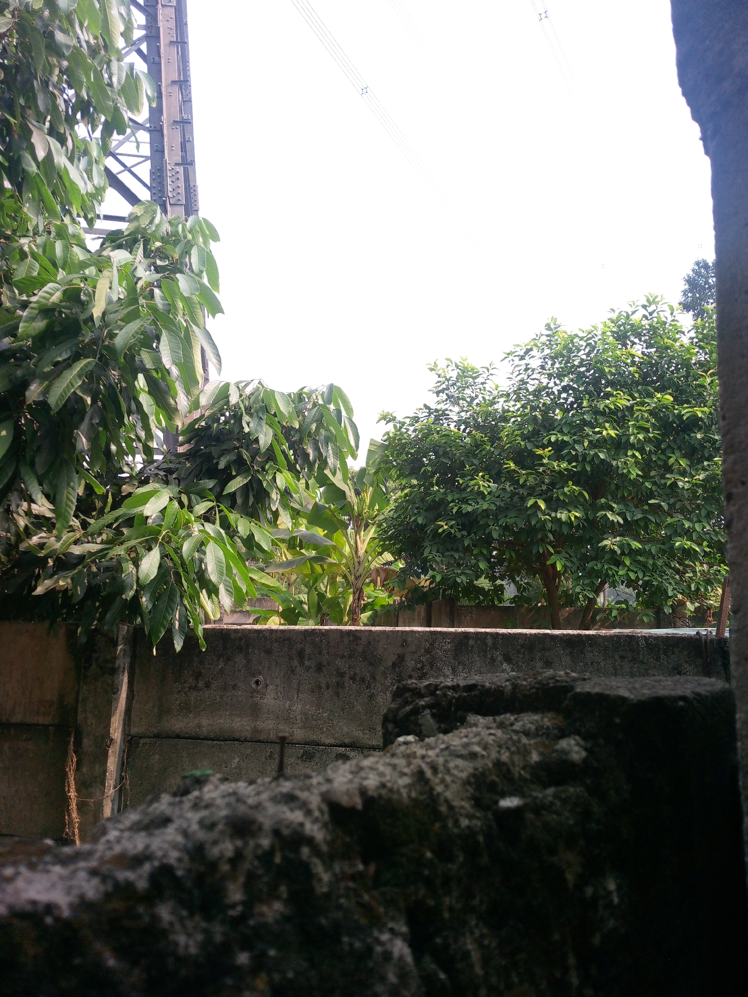 The image depicts an outdoor scene with a clear sky in the background. In the foreground, there is a weathered concrete wall, with a rough, textured surface. Beyond the wall, lush green trees and foliage are visible. To the left, a tall, dark metal structure, possibly part of a bridge or industrial equipment, rises into the sky. Power lines are also visible stretching across the upper portion of the image. The lighting suggests it is daytime. The location is identified as Dukuh, Indonesia.