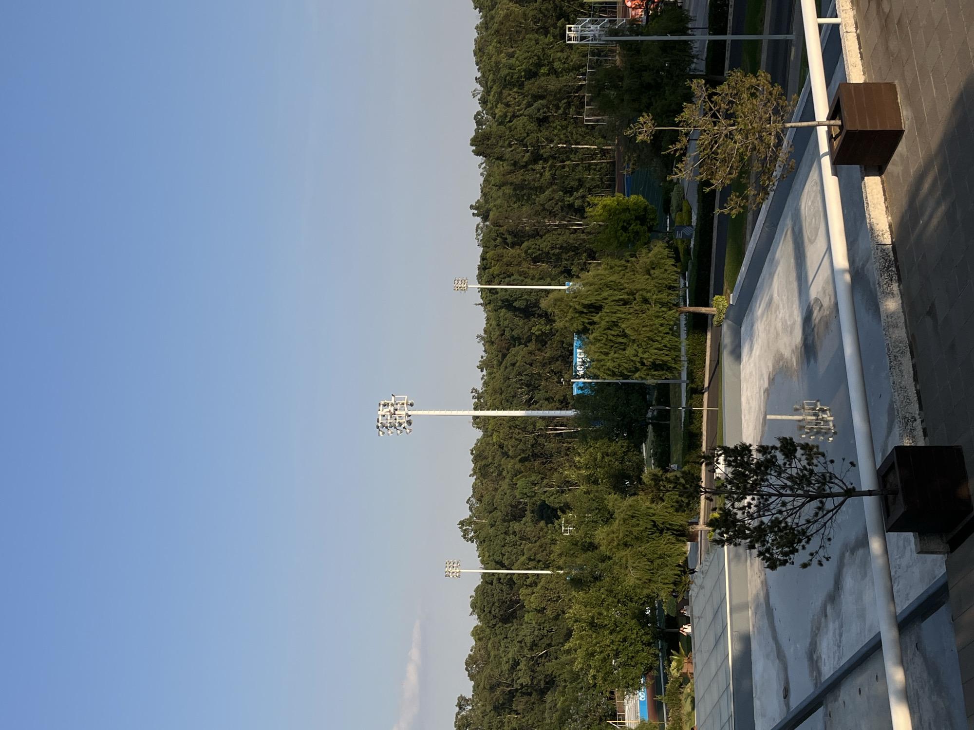 The image shows an elevated view of a park-like area in Puebla, Mexico, under a clear blue sky. Dominating the landscape are tall, white light poles, likely for sports fields or large outdoor venues, interspersed among a dense forest of green trees. The foreground includes a contemporary architectural element, possibly a building's edge or a raised walkway, featuring a planter box with a small tree. The scene suggests a mix of urban and natural environments.