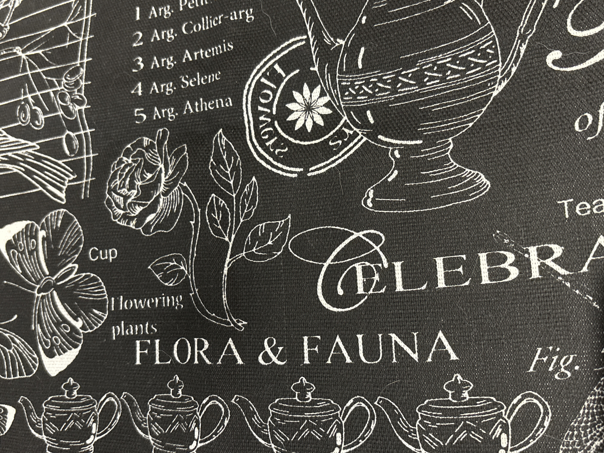 The image displays a close-up of a dark, textured fabric surface, likely black, adorned with white line-art illustrations and text. The composition is filled with various decorative elements.
Illustrations include:
* Multiple stylized teapots with ornate handles, spouts, and patterned bodies, arranged vertically on the left side.
* A detailed butterfly with patterned wings in the upper left quadrant.
* A large, intricate rose illustration with petals and leaves in the mid-right section.
* A decorative vase or urn with distinct banding and patterns, partially visible in the lower right.
* A segment of a bird or winged figure, accompanied by what appear to be musical notes or small objects arranged on horizontal lines, located in the upper right.
* A circular emblem in the lower-middle section, featuring a central multi-petaled flower and partially visible text, including "FLOWERS" (potentially reversed or rotated).
* Scattered stylized leaves and branches.
Text elements, predominantly white, include:
* Vertically oriented words: "Cup", "flowering", "plants", "FLORA & FAUNA", "Fig." (likely "Figure"), and "Tea".
* A numbered list: "1 Arg. Peu", "2 Arg. Collier-arg", "3 Arg. Artemis", "4 Arg. Selene", "5 Arg. Athena".
* A large, decorative script spelling "CELEBRA" (likely part of "CELEBRATE" or "CELEBRATION") across the lower-center.
* A partial "of" in the bottom right corner.
The subject matter primarily revolves around botanical and zoological themes ("FLORA & FAUNA," "flowering plants," "Fig.," butterfly, rose), tea culture ("Tea," teapots, "Cup"), and classical references (Artemis, Selene, Athena). No human subjects or discernible actions are present. The environment is limited to the patterned fabric. The image contains no visual or textual information identifying a location in the city of Izhevsk, Russia.