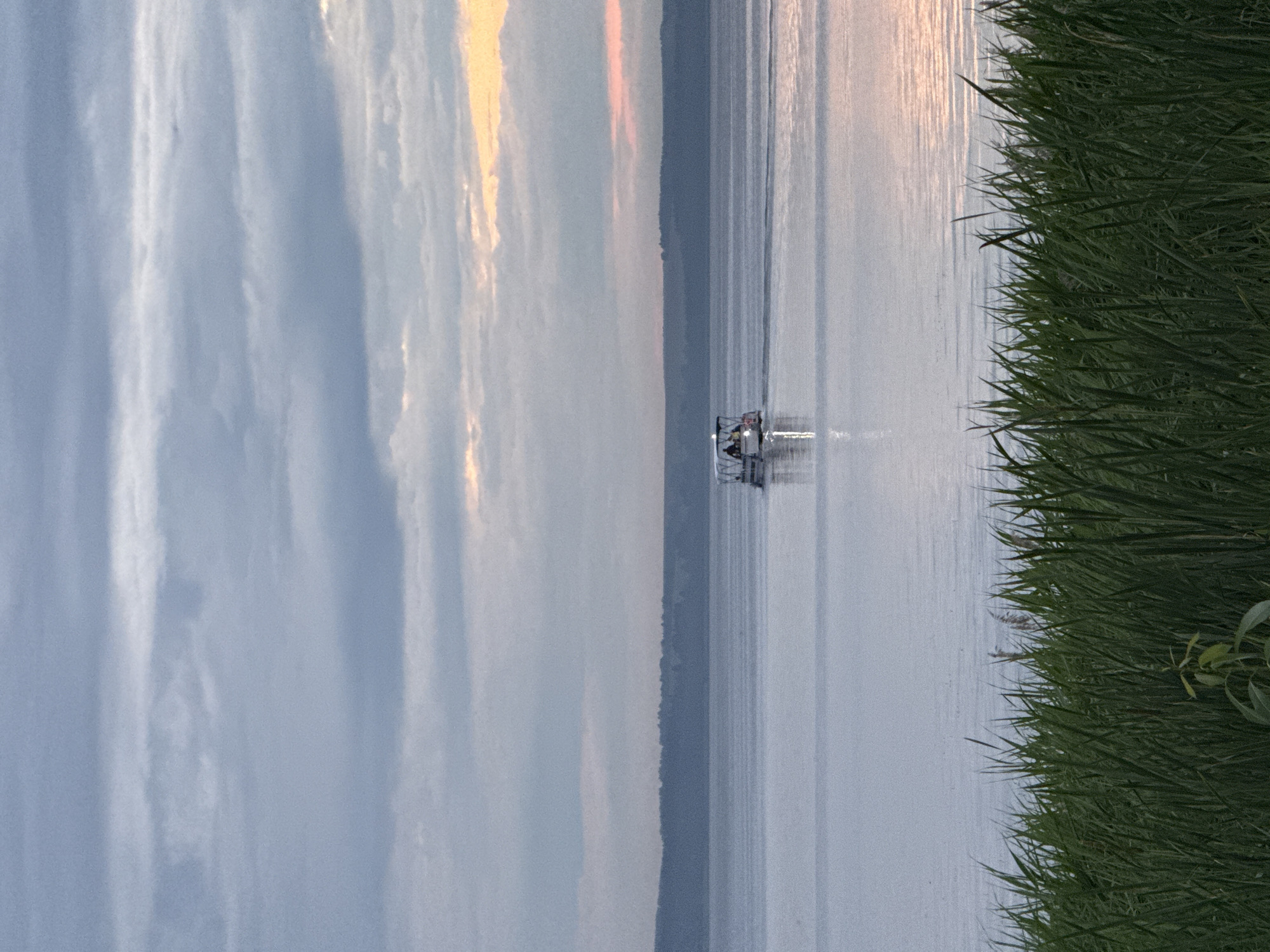 A wide shot captures a serene lake scene at dusk, with a pontoon boat navigating the calm water in the mid-distance. The boat, with its white canopy and lights, carries at least two people. The foreground is dominated by lush green reeds, their stalks swaying gently. Beyond the lake, a dark, forested silhouette of hills stretches across the horizon. The sky above is a canvas of soft, muted blues and grays, with streaks of pale orange and pink hinting at the fading sunset. The overall atmosphere is peaceful and tranquil. The location is identified as Votkinsk, Russia, likely on the Votkinsk Reservoir.