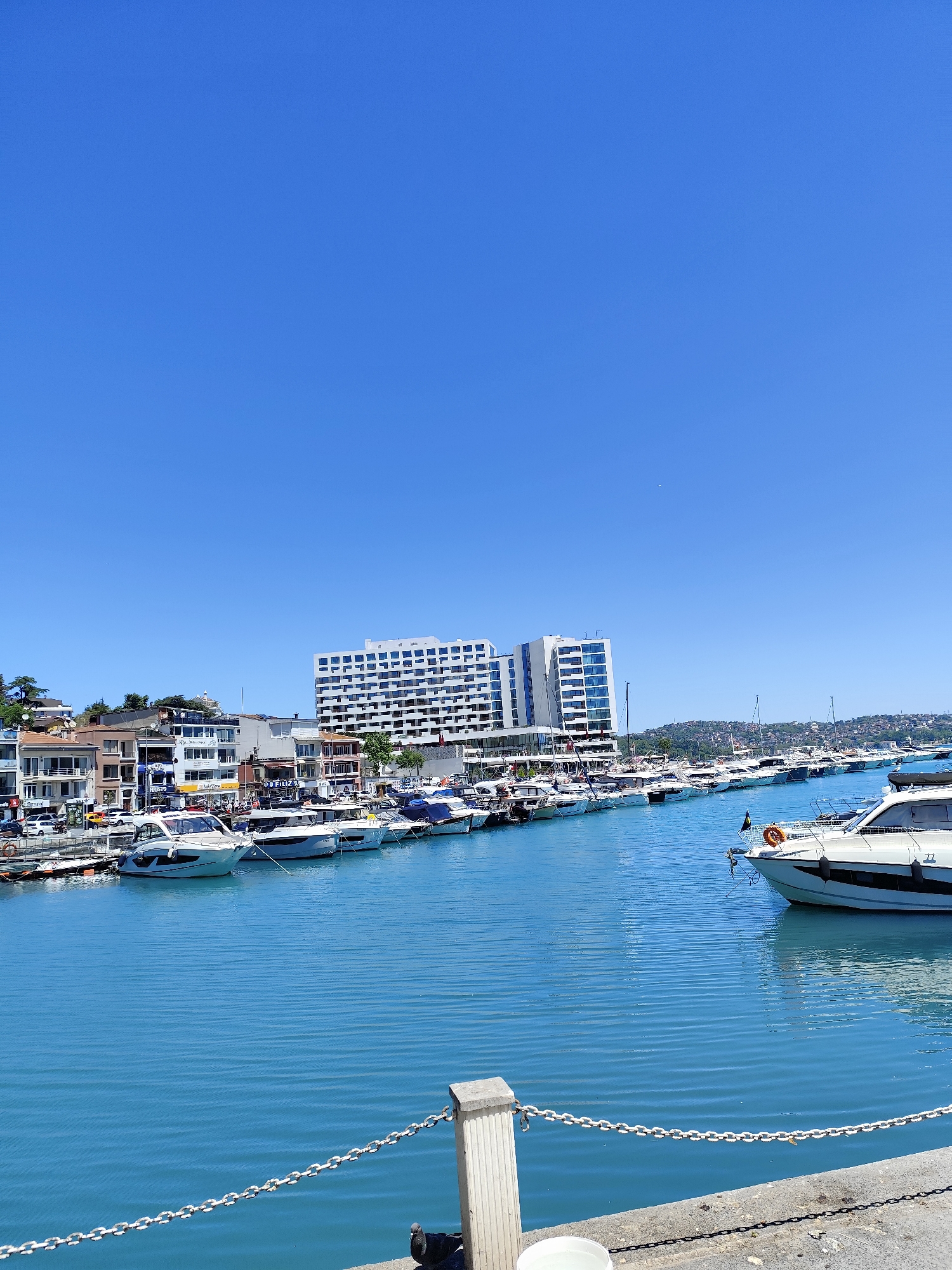 The image captures a sunny day at a marina in Sarıyer, Turkey. A body of turquoise water occupies the foreground with gentle ripples across its surface. A concrete pier edge is visible at the bottom of the frame, with a metal chain railing attached to concrete posts. A white bucket rests on the pier.
In the midground, a dense cluster of yachts and boats line the harbor. A mix of buildings forms the backdrop, including low-rise structures with shops and apartments, alongside a larger, modern high-rise hotel or residential building in white.
In the distance, rolling hills covered in vegetation can be seen. The sky is a clear, unbroken blue.