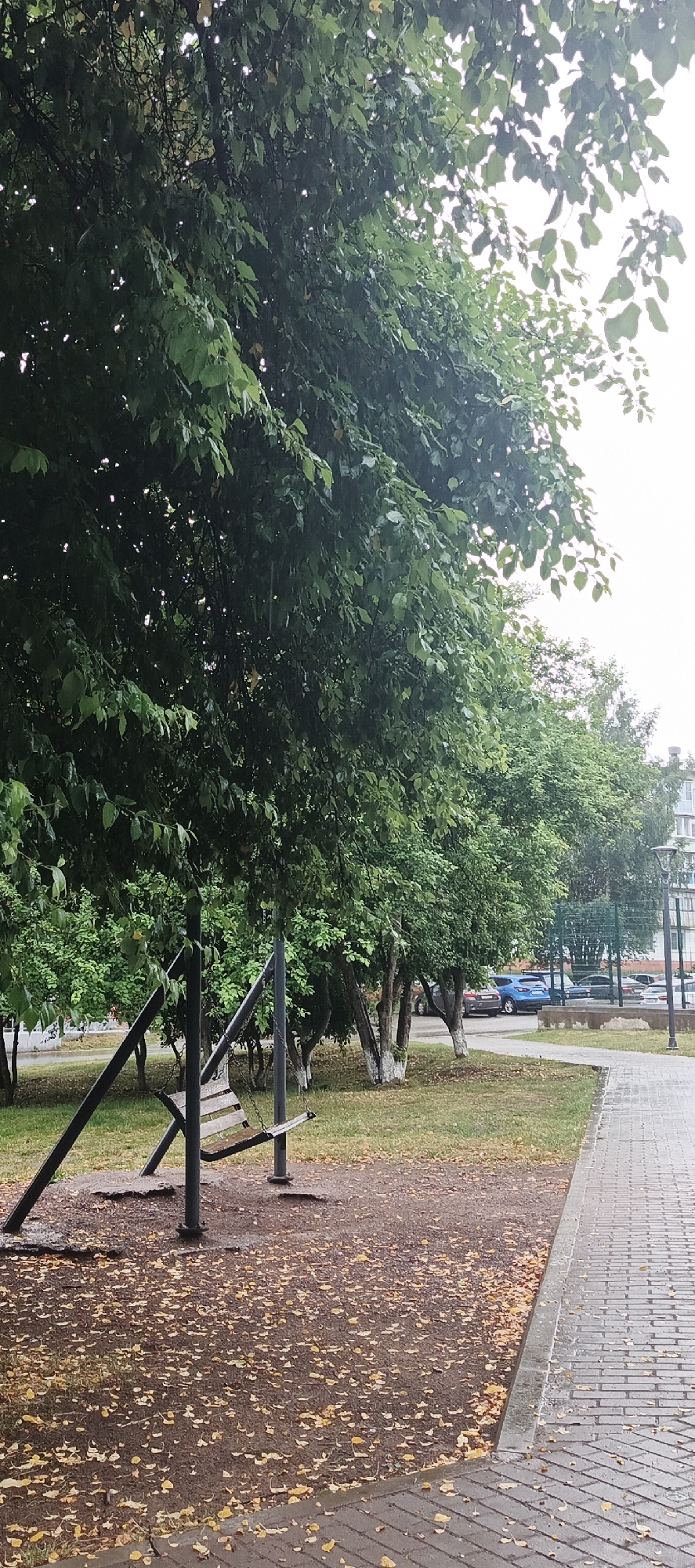 In an outdoor urban setting with overcast skies, a swing set with a wooden bench is positioned on a dirt and leaf-covered area adjacent to a brick walkway. The swing set's metal frame is black and angular, supporting the wooden seat with visible chains. Behind the swing set, a row of trees with green foliage lines a grassy area, with some tree trunks whitewashed at the base. Further in the background, cars are parked, and a building with multiple windows is visible. The ground, particularly the area around the swing set, is covered with scattered yellow leaves. The brick walkway, made of rectangular grey bricks laid in a herringbone pattern, shows signs of being wet, indicating recent rain.