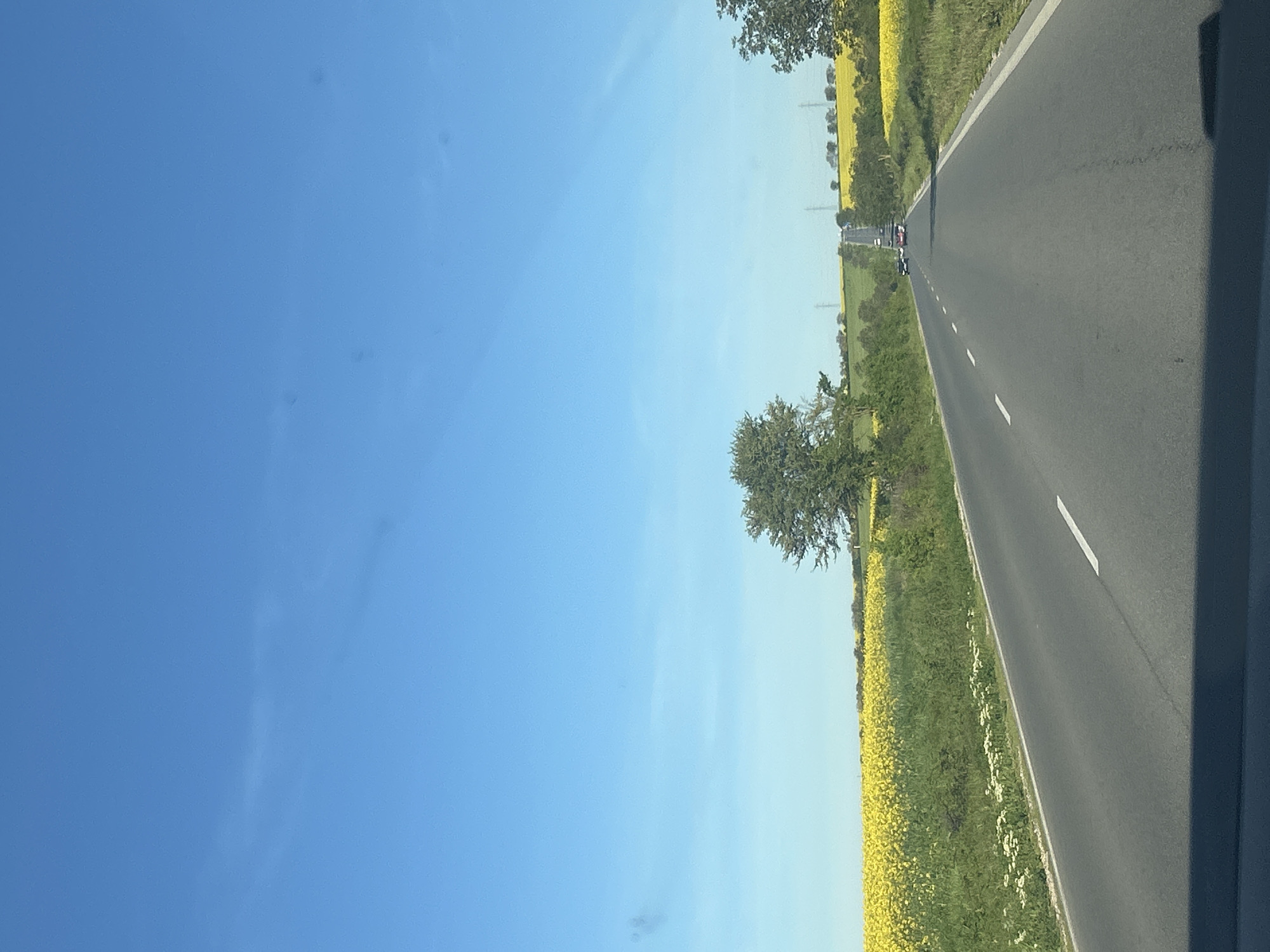 A roadway stretches through a landscape of yellow fields under a clear blue sky. The road, marked with white lines, shows multiple vehicles in the distance. Trees line parts of the roadside. The location is unknown.
