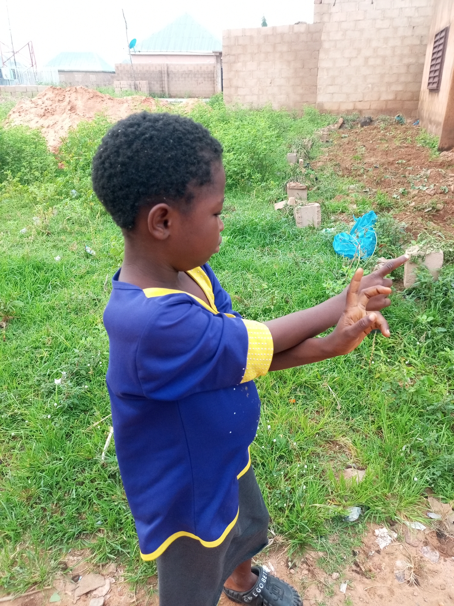 A young child, likely a boy, is shown in profile, facing to the right and looking at his outstretched hands. He wears a bright blue t-shirt with yellow trim around the collar and sleeves, and dark grey pants. His hands are positioned as if he is holding or interacting with something, possibly a butterfly, as there is a small, bright blue object with intricate markings held between his fingers. The child has dark skin and short, curly black hair.
The background suggests an outdoor setting in an undeveloped area. To the left, a large pile of sand and an overgrown area with tall green grass and weeds are visible. In the distance, a building with a light blue, corrugated metal roof and beige brick walls can be seen, along with what appears to be a satellite dish on top. Further to the right, more construction is evident, with uncompleted brick walls and loose bricks scattered on the ground. The ground is a mix of dirt and sparse green vegetation. The overall environment appears to be a construction site or an area undergoing development, possibly in a peri-urban or rural part of Tempure, Nigeria. The lighting suggests it is daytime, with an overcast sky.
