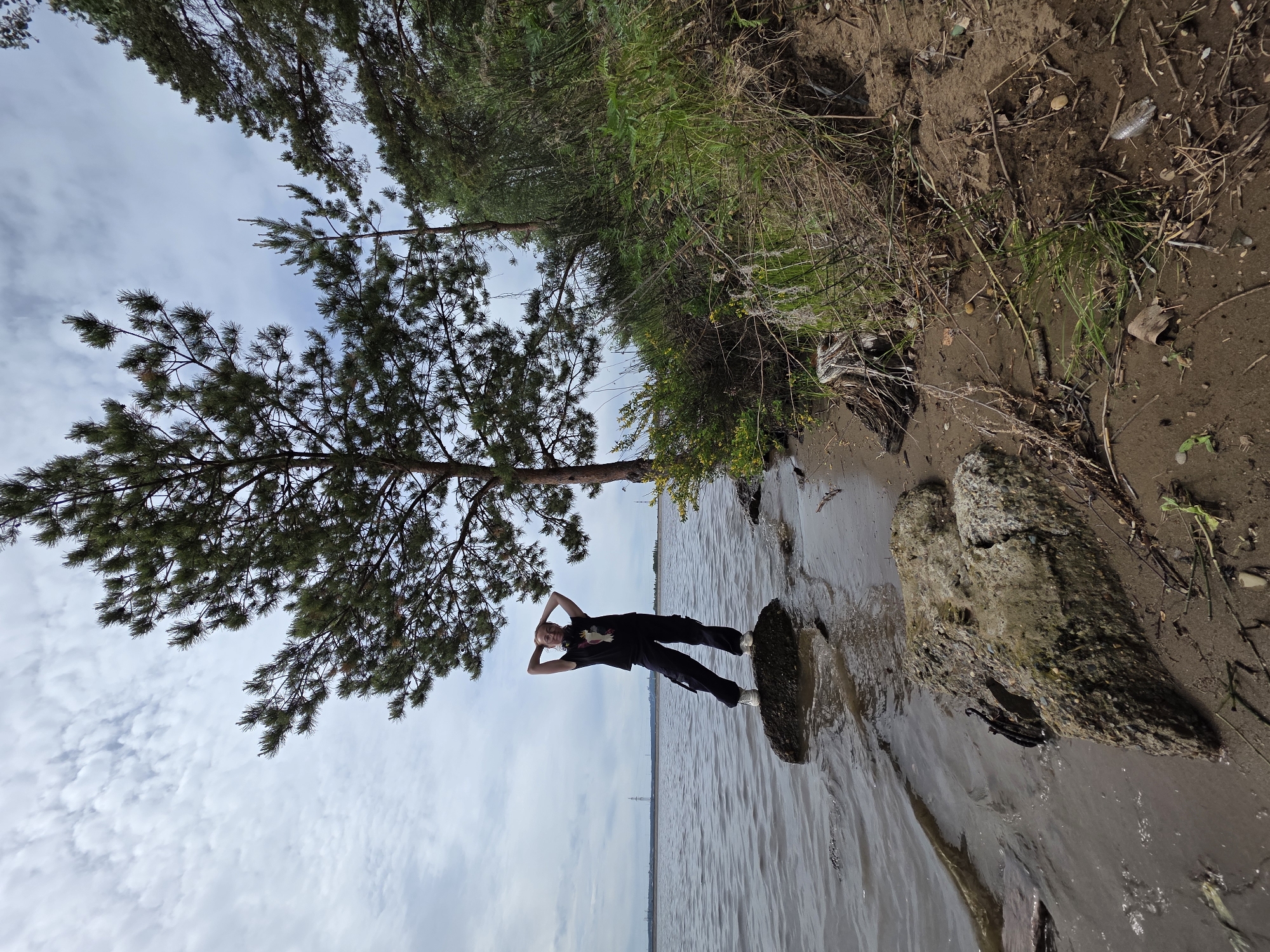 A person stands on a concrete object in a body of water, adjacent to a sandy bank and vegetated terrain. Above, a tree with sparse foliage spreads toward the sky, partially obscured by other trees. A hazy sky forms the backdrop. The location is near Noviy, Russia, evident by the distinct power transmission towers across the water, aligning with the coordinates of the city. The person, dressed in dark clothing, has hands behind their head.