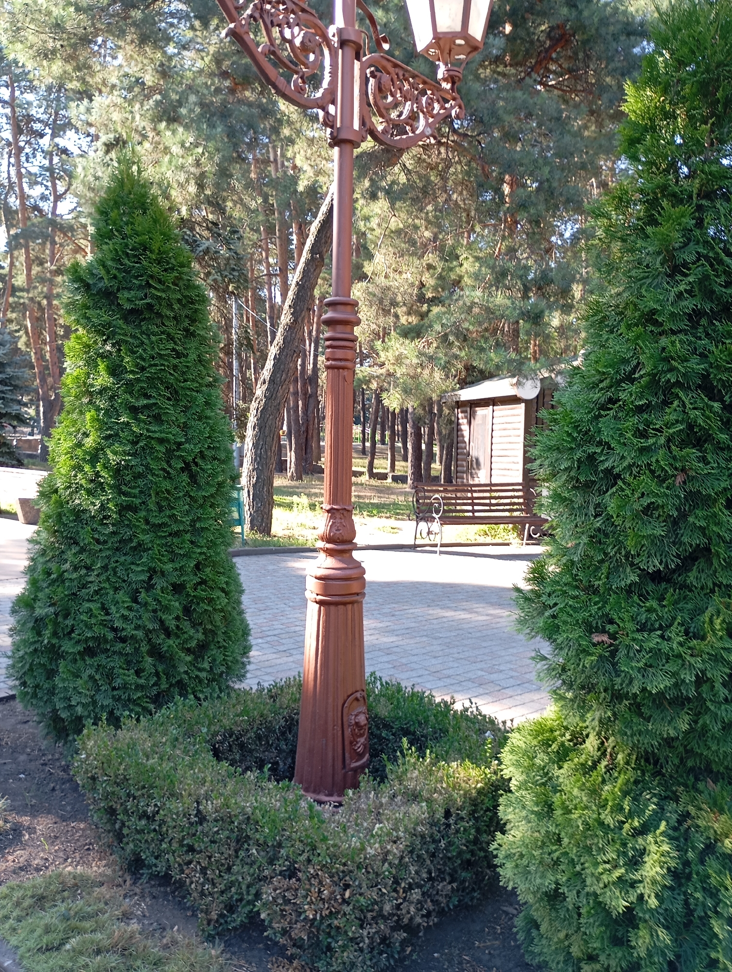A photograph taken in Horishni Plavni, Ukraine, depicts a park scene on a sunny day. In the foreground, a tall, ornate brown lamppost stands vertically. To the left of the lamppost, a large, conical evergreen tree dominates the frame. To the right of the lamppost, another, similar evergreen tree is visible, partially obscuring a wooden structure in the background. The ground is paved with interlocking grey bricks, forming a pathway. A wooden bench with a decorative metal frame is situated in front of the wooden structure, which appears to be a small shed or kiosk. Several other trees, mostly pines, are visible in the background, creating a dense forest-like atmosphere. The lighting suggests it is daytime, with sunlight casting shadows and illuminating parts of the scene. The overall impression is that of a well-maintained park area with natural elements and park amenities.