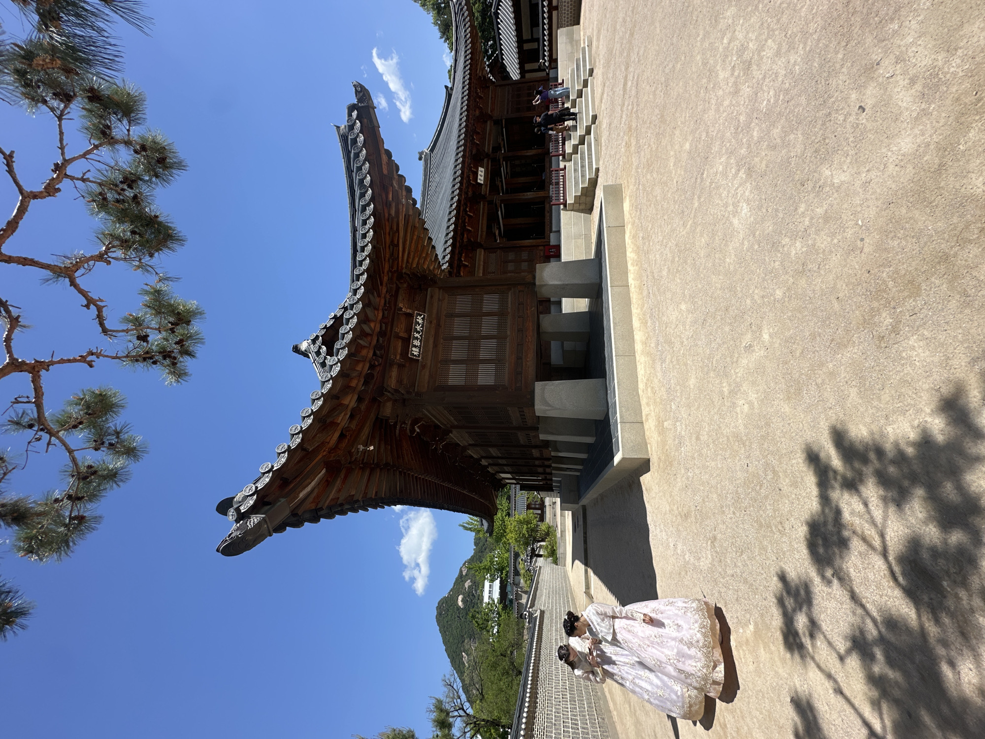 Captured at an oblique angle in Seoul, South Korea, the image portrays a traditional wooden structure with elaborate eaves and a tiled roof. The building, potentially a temple or historical site, features inscribed wooden panels. Two women, dressed in what appear to be hanboks (traditional Korean attire), stand on a light-colored, possibly concrete or stone, surface adjacent to the structure. The background reveals a clear blue sky with some clouds, and a tree branch with pine needles is visible on the left side of the frame. A distant view of a mountain is visible behind the structure.