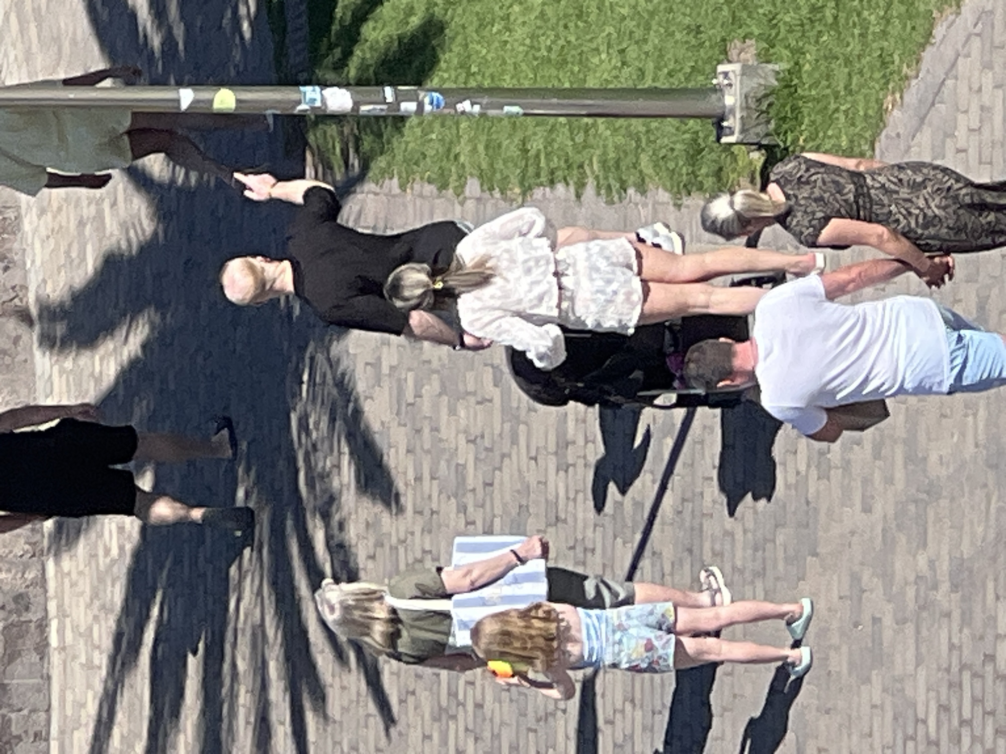 A bird's-eye view shows a group of people on a paved surface. The people are composed of two groups of people, one closer to the top and one closer to the bottom. The group at the top has four people: a bald male in black with an outstretched arm; a young woman with blonde hair in a white, cloud-like outfit; an older woman in a dark dress with a dark floral pattern; and a man in a white shirt and light blue shorts, who is using his phone. They are clustered near what appears to be a metallic barrier on the edge of a grassy area. The second group on the lower end includes a woman in a green top holding hands with a blonde girl in shorts, with a blue striped towel between them. They appear to be taking a photo. The setting appears to be Maspalomas, Spain, based on the style of the paving, the vegetation and architecture. The scene captures a moment of casual interaction and activity in a public space.