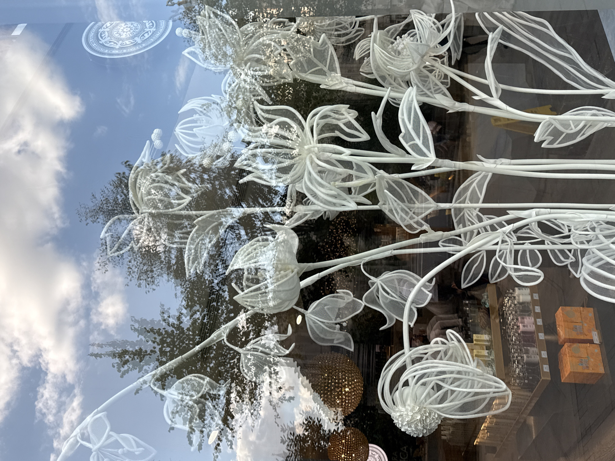 This is a photo of a store window display in Moscow, Russia, featuring intricate white floral sculptures. The sculptures are made of delicate, translucent material, possibly lace or fine mesh, and are shaped like various flowers and leaves with intricate details. They are arranged to create a naturalistic, almost ethereal scene, with some elements appearing to float or grow.
Through the window, reflections of a blue sky with fluffy white clouds and trees are visible, indicating an outdoor setting. Inside the store, shelves are stocked with various bottles and products, likely cosmetics or perfumes, and two people can be seen blurred in the background. A few orange boxes are placed in the foreground on a shelf. One of the decorative elements in the window is a circular emblem with ornate patterns, possibly a brand logo. The overall impression is a blend of artificial floral art and natural reflections, creating a visually complex and artistic display.