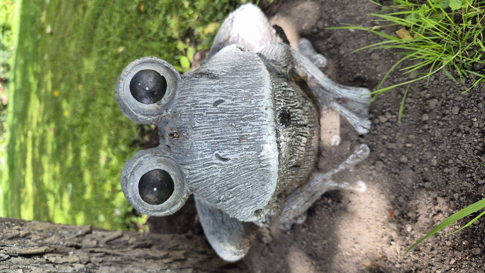 This is a vertically oriented, eye-level, medium shot of a stone garden statue of a frog. The frog statue is in the foreground, partially shaded by the trunk of a tree to its left. The statue is gray with textured detailing, designed to resemble a frog's skin. It has large, round, black eyes with white highlights. The frog's mouth is slightly open, revealing a dark interior. Its front legs are extended forward, resting on dark soil. The background consists of green grass with dappled sunlight filtering through overhead foliage. The scene is outdoors, likely in a garden setting, within Ļūbaste 0001, Latvia.