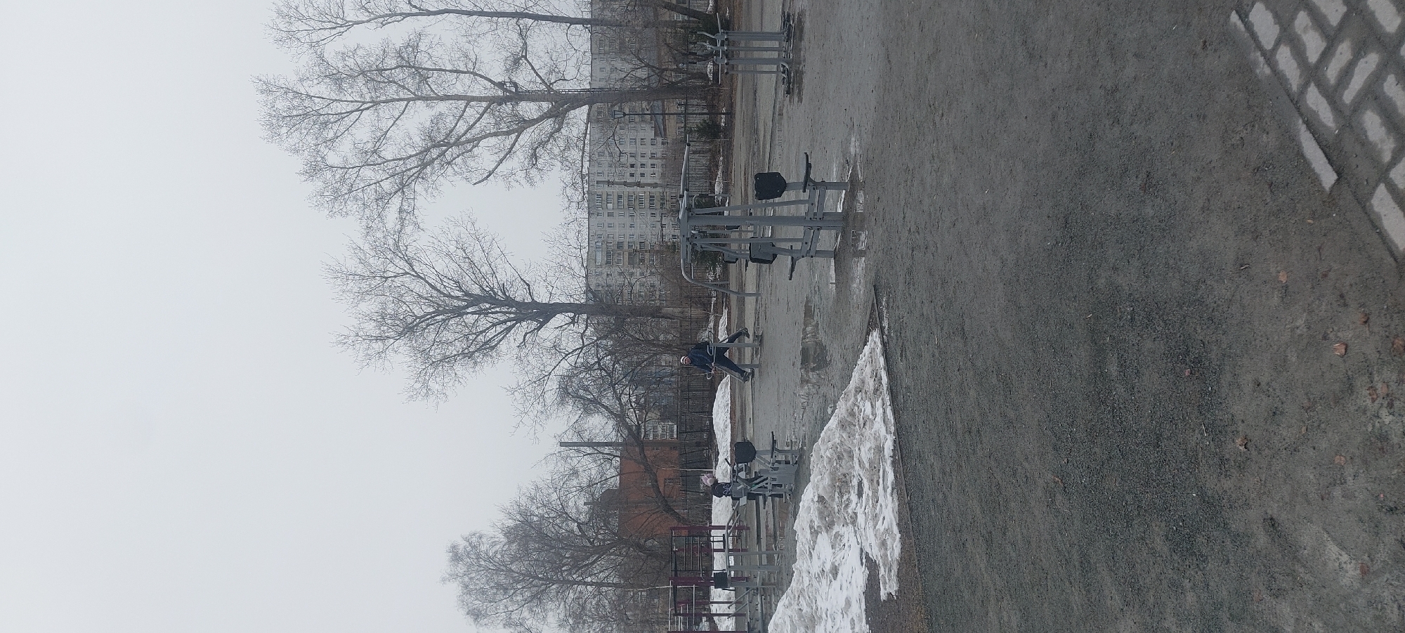 The image shows an outdoor fitness area in Novosibirsk, Russia, on an overcast day. The ground is a mix of gravel and snow. Several pieces of outdoor gym equipment are visible, some of which are being used. Two people are present: one individual is actively engaged on one piece of equipment, while the second person is using the fitness machine closer to the tree. Bare trees surround the area. A multi-story residential building is in the background. The scene suggests a public space utilized for exercise during the colder months.