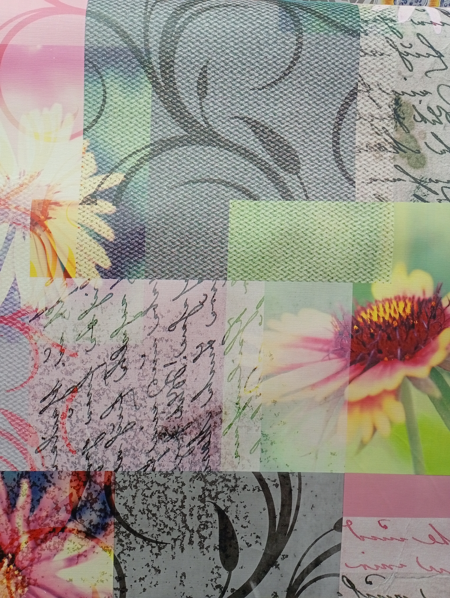 The image is a close-up, eye-level, medium shot of a collage or patterned fabric. The collage is divided into rectangular sections, each featuring a different design. These designs include close-ups of flowers (one a daisy-like flower with pink and yellow petals, another a larger flower with red and yellow petals), swirled black floral or calligraphic motifs on a grey textured background, a pale blue-grey textured fabric with a dark swirled pattern, and sections of pale green textured fabric. There are also areas with faint, handwritten-looking script in green and black on a textured, light background. The colors are muted, with dominant tones of pink, yellow, green, blue-grey, and black. The lighting appears to be soft and even, with no harsh shadows. The image does not depict any recognizable landmarks or features of Borovichi, Russia, nor does it show any people, actions, or interactions. It is solely a visual representation of the patterned material.
