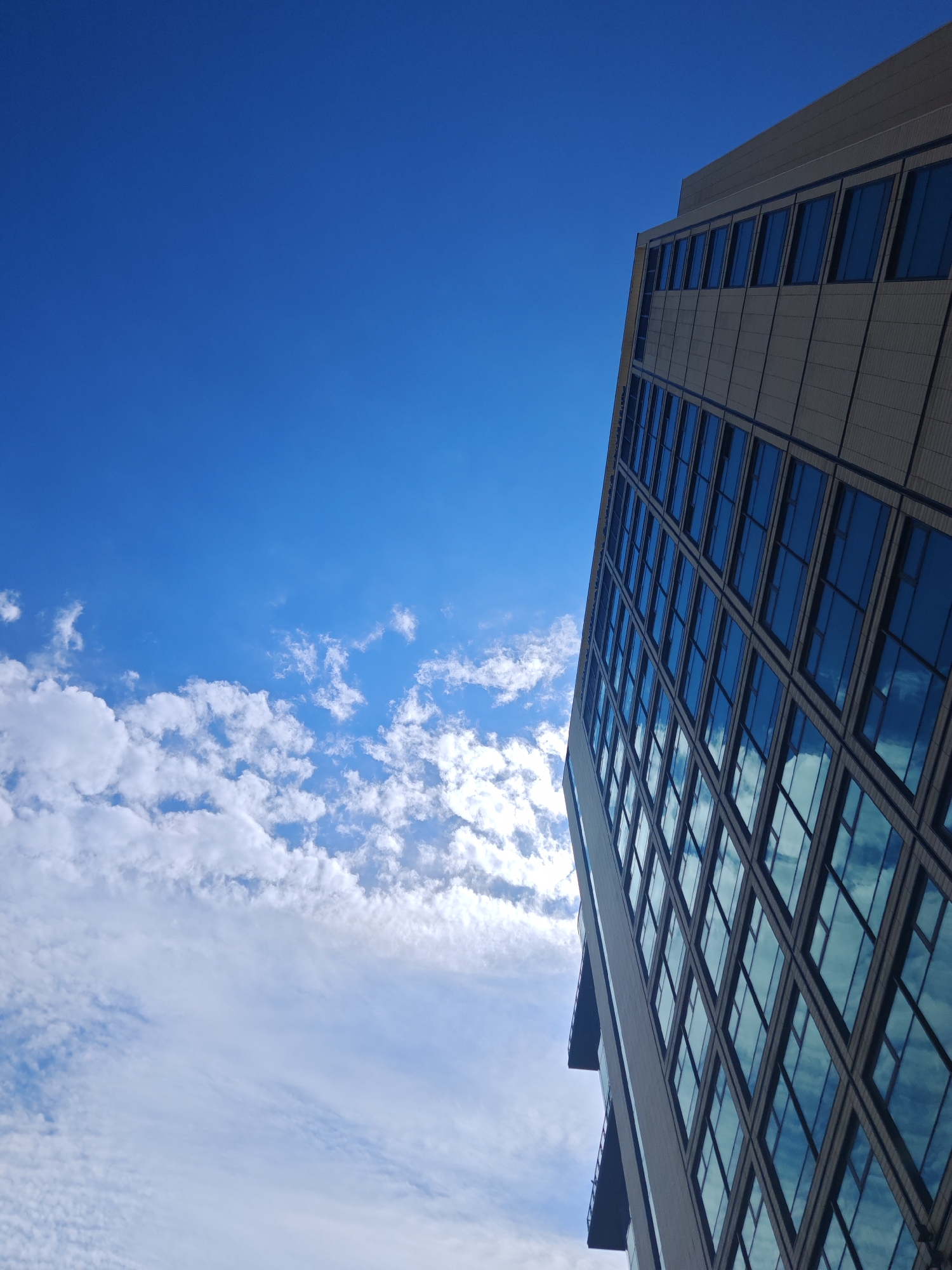 A low-angle, upward-looking photograph captures a modern multi-story building against a clear blue sky filled with white clouds. The building occupies the right side of the frame, angled diagonally upwards from the lower right to the upper center. Its facade features a repeating pattern of reflective, tinted windows and light-colored wall panels, with the windows mirroring the blue sky and clouds. The reflections create a sense of depth and highlight the building's contemporary design.
The sky, which dominates the left and upper portions of the image, is a vivid azure. Scattered white, fluffy cumulus clouds are visible in the lower-left quadrant, alongside some higher, wispy clouds. The lighting is bright and even, indicative of daytime, likely morning or afternoon, on a clear weather day. No people or discernible activities are present. The setting appears to be an urban or commercial environment, characterized by modern architecture. There is no visible text.