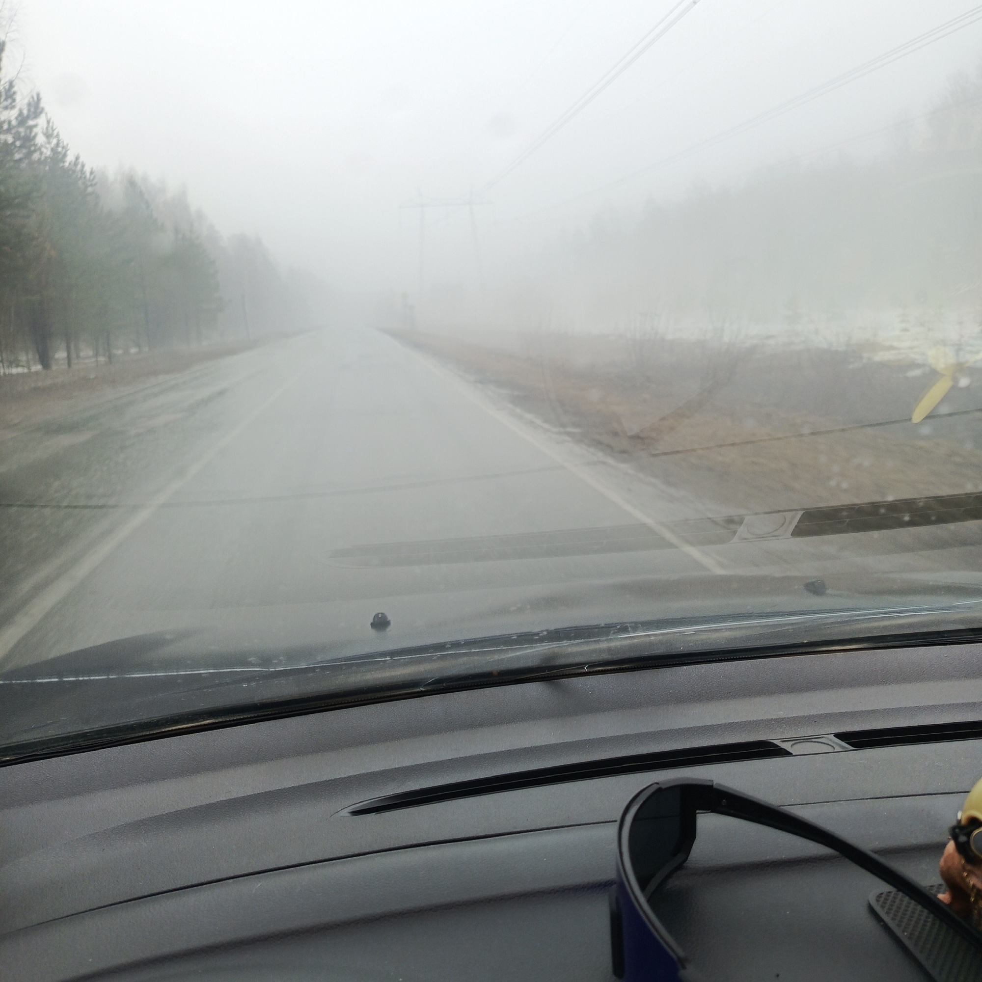 The image shows a view from inside a vehicle, likely a car, looking out onto a road during very foggy conditions. The road is asphalt, wet from rain or moisture. Trees are visible along the sides of the road, disappearing into the fog. Power lines are faintly visible in the distance. On the dashboard of the vehicle, there are sunglasses and a small decorative object. The location is Chaikovsky, Russia.