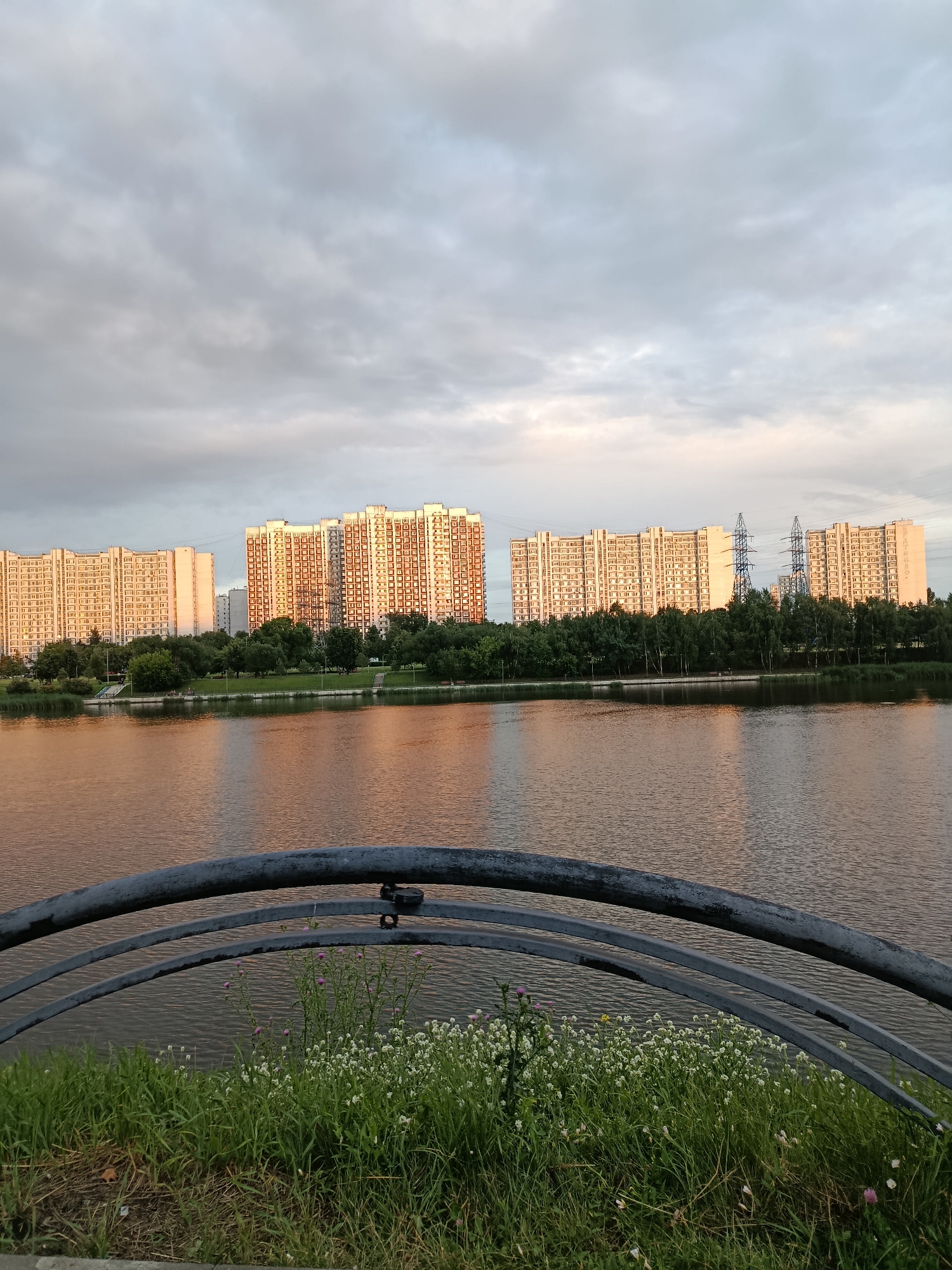 The image depicts a waterside view with a row of tall apartment buildings in the background. The buildings are multi-story and appear to be residential blocks, with many windows visible. They are illuminated by the warm glow of the setting sun, casting a rosy hue on their facades. A line of lush green trees separates the buildings from the body of water in the foreground, which is reflecting the colors of the sky and the buildings. The sky is partly cloudy, with a mix of grey and lighter, softer clouds, suggesting it might be late afternoon or early evening.
In the immediate foreground, there's a grassy embankment with some wildflowers. A dark, curved metal railing or fence is prominent in the lower part of the image, partially obscuring the view of the water and the flowers. The overall scene evokes a sense of urban tranquility, with the natural elements of water, trees, and flowers contrasting with the man-made structures. There are no people visible in the frame. The location is identified as Moscow, Russia. The time of day is likely late afternoon or early evening due to the lighting conditions. The weather appears to be mild with some cloud cover.
