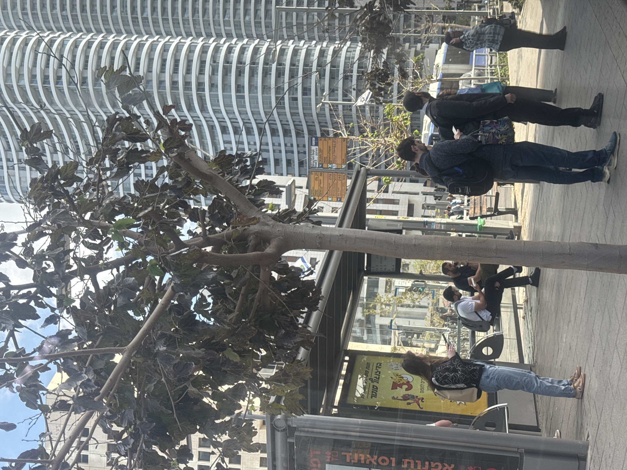 The image depicts an urban scene in Tel-Aviv, Israel. In the foreground, there is a tree with dark leaves and a bus stop structure. People are waiting at the bus stop.
There are several individuals present:
- A woman stands near the bus stop, wearing a patterned top and jeans.
- Two men sit on chairs at the bus stop.
- Three men stand in a line on the pavement.
- An elderly man is walking on the pavement.
Behind the bus stop, a modern high-rise building with curved, white lines is visible. A street sign is also visible.
The scene appears to be a typical day at a bus stop in Tel-Aviv. The text on the bus stop provides specific route numbers and locations in the city.