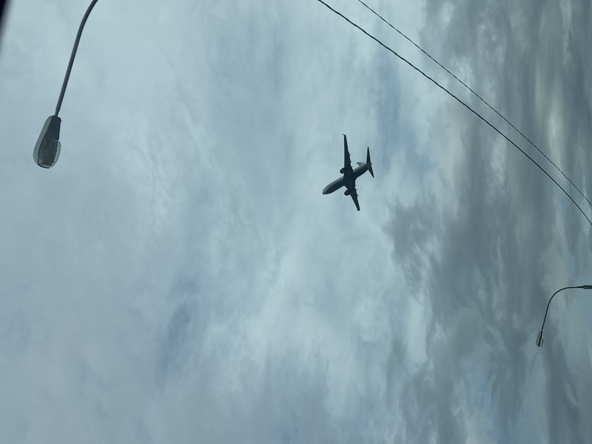 The image captures a silhouette of a commercial airplane flying through a cloudy sky, viewed from below. The airplane is in mid-flight, with its wings and tail clearly visible against the overcast backdrop. Two streetlights with curved poles are present in the frame, one on the left and another on the right, suggesting an urban or suburban setting. Power lines are also visible traversing the sky. The weather appears to be cloudy, with a muted light, indicating it might be daytime, possibly overcast or nearing dusk. The scene evokes a sense of scale, with the vastness of the sky and the distant flight of the plane. The location context provided is Khimki, Russia. There is no visible text in the image.