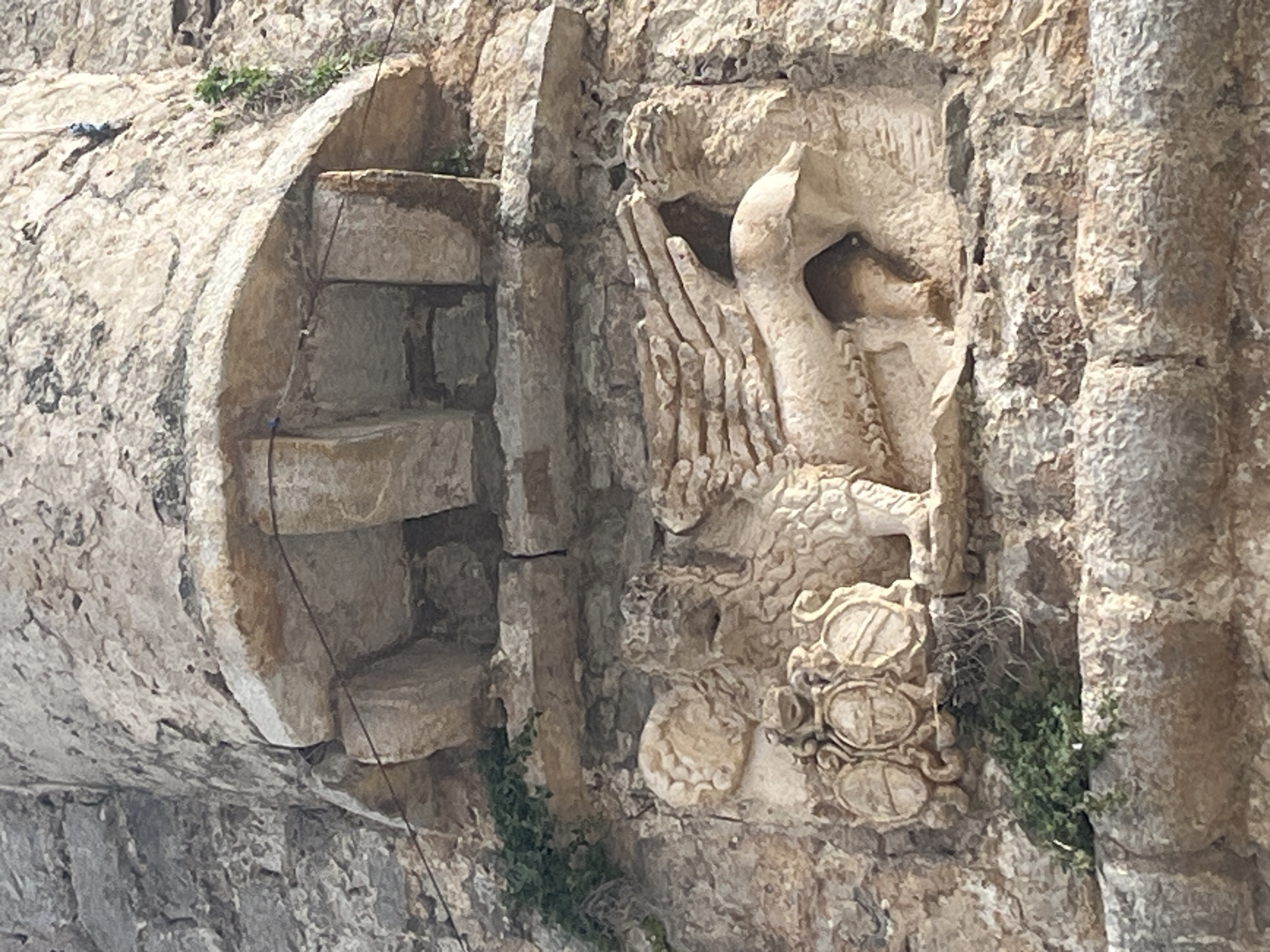 The image shows a stone structure in Budva, Montenegro. On the left is an arched structure with three projecting stone steps. To the right, a stone wall features a sculpted griffin-like figure with a stylized head, wings, and body, accompanied by a decorative element of three circular shapes with markings. Vegetation grows along the base of the walls.