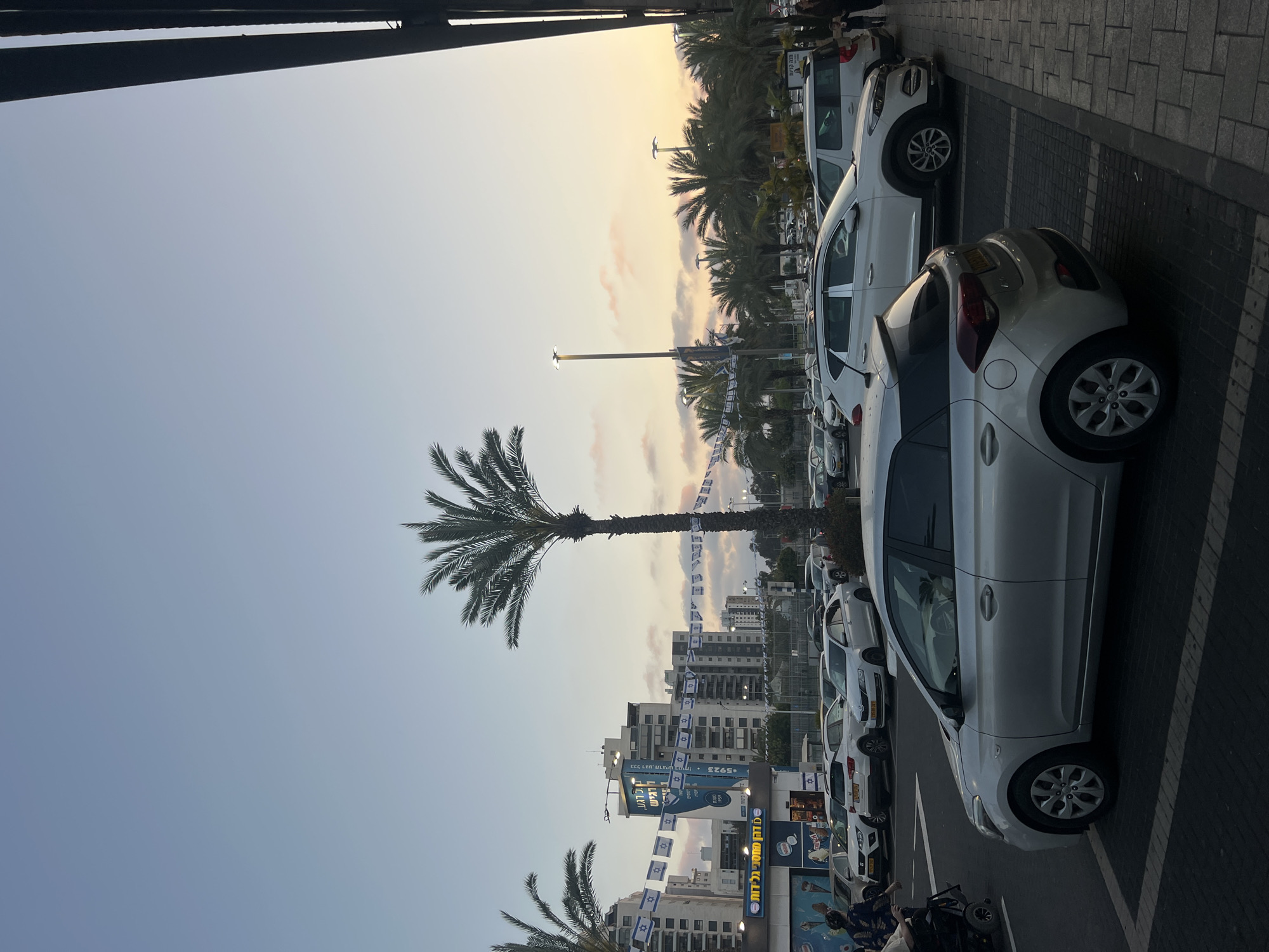 The vertically oriented image captures an urban street scene in Kiryat Motzkin, Israel, at dusk. The sky, occupying the upper left portion, displays a gradient from a warm, golden-orange hue on the horizon, indicative of sunset or twilight, blending into a soft blue overhead. Wispy clouds are visible near the horizon.
A row of parked cars, predominantly white and silver, lines the right side of the image along a paved sidewalk or parking area. The pavement features a dark grey block pattern. Long shadows are cast across the ground and cars, consistent with the late hour.
In the middle ground, several tall palm trees punctuate the scene, with one large palm tree prominently centered. Strings of small Israeli flags are festively draped between streetlights and structures, suggesting a national celebration or holiday. Modern multi-story buildings, characteristic of an urban environment, stand in the background on the left, some with visible signs and lights. A person in a wheelchair is partially visible in the bottom right corner, while other figures are faintly seen in the distance.
Visible Hebrew text on various signs and banners further identifies the location. On buildings, signs display phrases such as "הכל בשקל" (Everything for a Shekel), "חברת חשמל לישראל" (Israel Electric Corporation), "סטופ קפה" (Stop Cafe), and the number "5923." Car license plates also feature Hebrew characters and numbers. The overall atmosphere is peaceful, depicting a typical evening in an Israeli city.