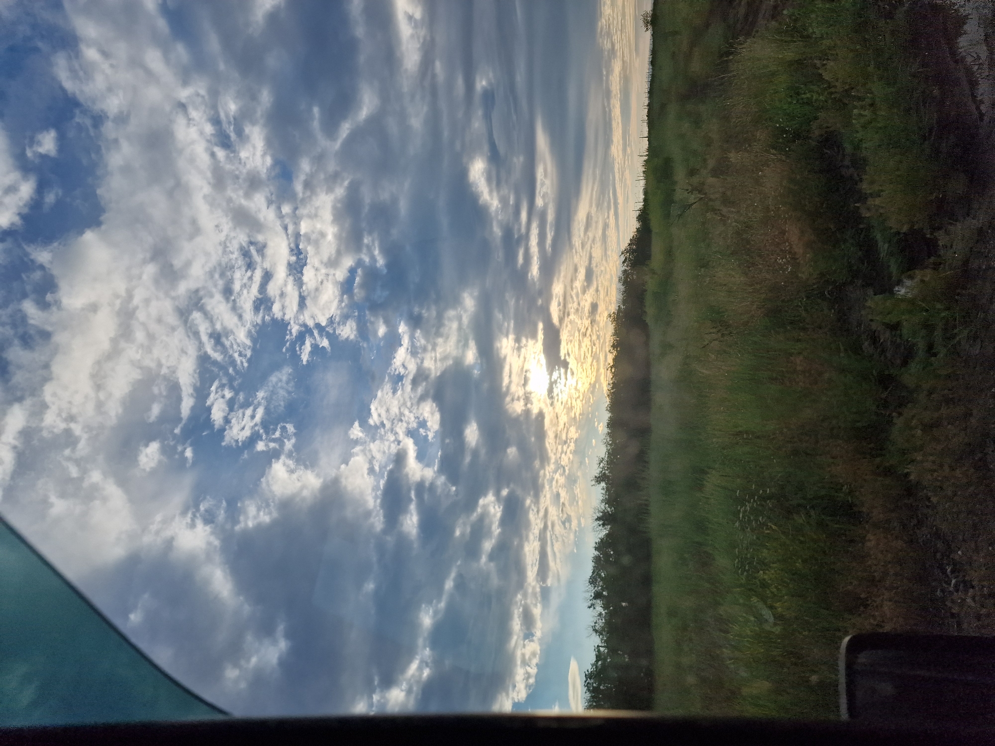 This is a photograph taken from inside a vehicle, looking out at a landscape in Kursavka, Russia. The foreground shows a dark, curved object on the left, possibly part of the vehicle's interior, and a glimpse of the dark ground outside. The midground consists of a field of green grass and other vegetation, with some areas appearing dry and brown. A line of trees forms a border along the horizon. The sky is a prominent feature, filled with a mix of white and gray clouds, with a bright sun peeking through in the upper right quadrant, suggesting it is either sunrise or sunset. There are no people or animals visible in the image. The overall impression is of a rural or undeveloped area during a time of day with dramatic cloud formations.