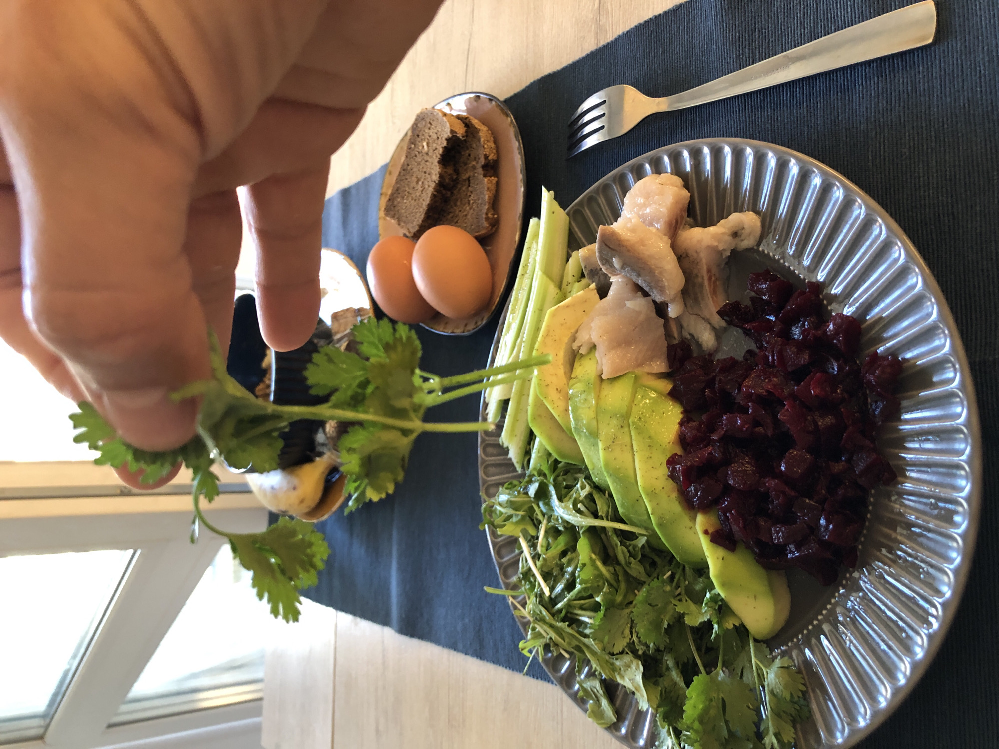 The image captures a first-person perspective of a meal laid out on a light-colored wooden table, partially covered by a dark blue fabric runner. In the upper center, a human hand holds a bunch of fresh green herbs, likely cilantro, positioned above a large, fluted grey serving plate. This plate contains an arrangement of food: a quantity of mixed green leafy herbs (possibly cilantro and arugula) on the left, several slices of avocado in the center-left, a pile of diced dark red beetroot in the center-right, and multiple pieces of light-colored fish fillet, consistent with pickled herring, on the right. Behind the avocado and fish, several celery stalks are visible. To the right of the main plate, on the table runner, a silver-colored metal fork is present. In the background, on a smaller, brown-rimmed plate, sit two brown-shelled eggs and two slices of dark rye bread, with one slice exhibiting a bite mark. The background reveals a large window with white frames, indicating an indoor setting with natural light. There are no specific visual cues within the image that allow for forensic identification of the location as Saint Petersburg, Russia.