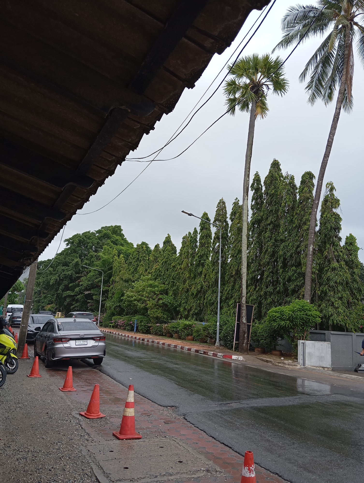 The image depicts a street scene in Karon, Thailand, on an overcast day. A dark wooden overhang of a building is visible in the upper left portion of the frame. The street is wet, suggesting recent rain, and several cars are parked along the side. Orange traffic cones are placed on the sidewalk and road. Tall palm trees and a line of dense, green trees are prominent in the background, lining the street. A street light is visible amongst the trees. The overall atmosphere is muted due to the cloudy sky.