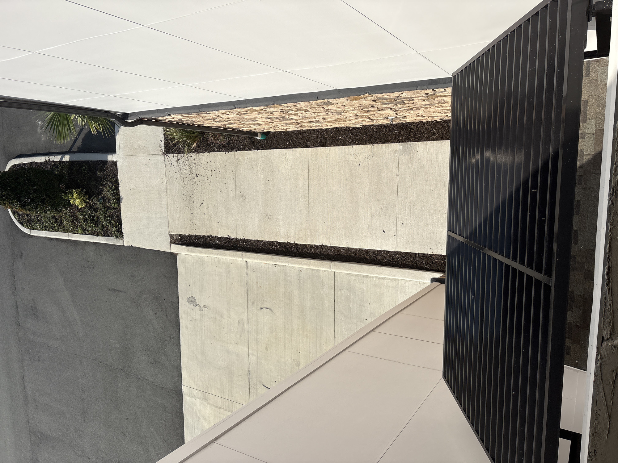 An overhead, high-angle exterior shot shows a concrete sidewalk with a narrow, dark mulch-filled planter on the right and a dark asphalt area on the left. The planter contains a few green plants and a palm frond casting a shadow. A beige building with vertical siding is visible on the right, with a black downspout extending from the gutter. A stone-clad lower portion of the building is also visible. In the foreground, a black metal grate covers a portion of the ground. The scene appears to be in Palmetto, Florida, United States.