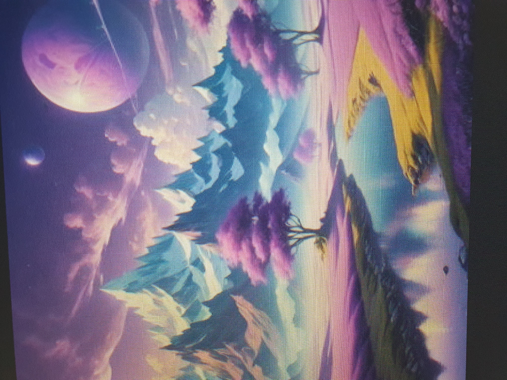 The image depicts a fantastical, alien landscape with a vibrant purple and pink color palette. Jagged, snow-capped mountains rise in the background, under a sky filled with swirling pink clouds and two celestial bodies - a large, pale purple planet and a smaller, lighter sphere. In the foreground, a calm body of water reflects the sky and mountains. The terrain surrounding the water is covered in purple and yellow flora, with several stylized trees featuring bright pink foliage. The overall scene evokes a sense of otherworldly beauty and tranquility. There is no identifiable location in Tashkent, Uzbekistan, present in this image.