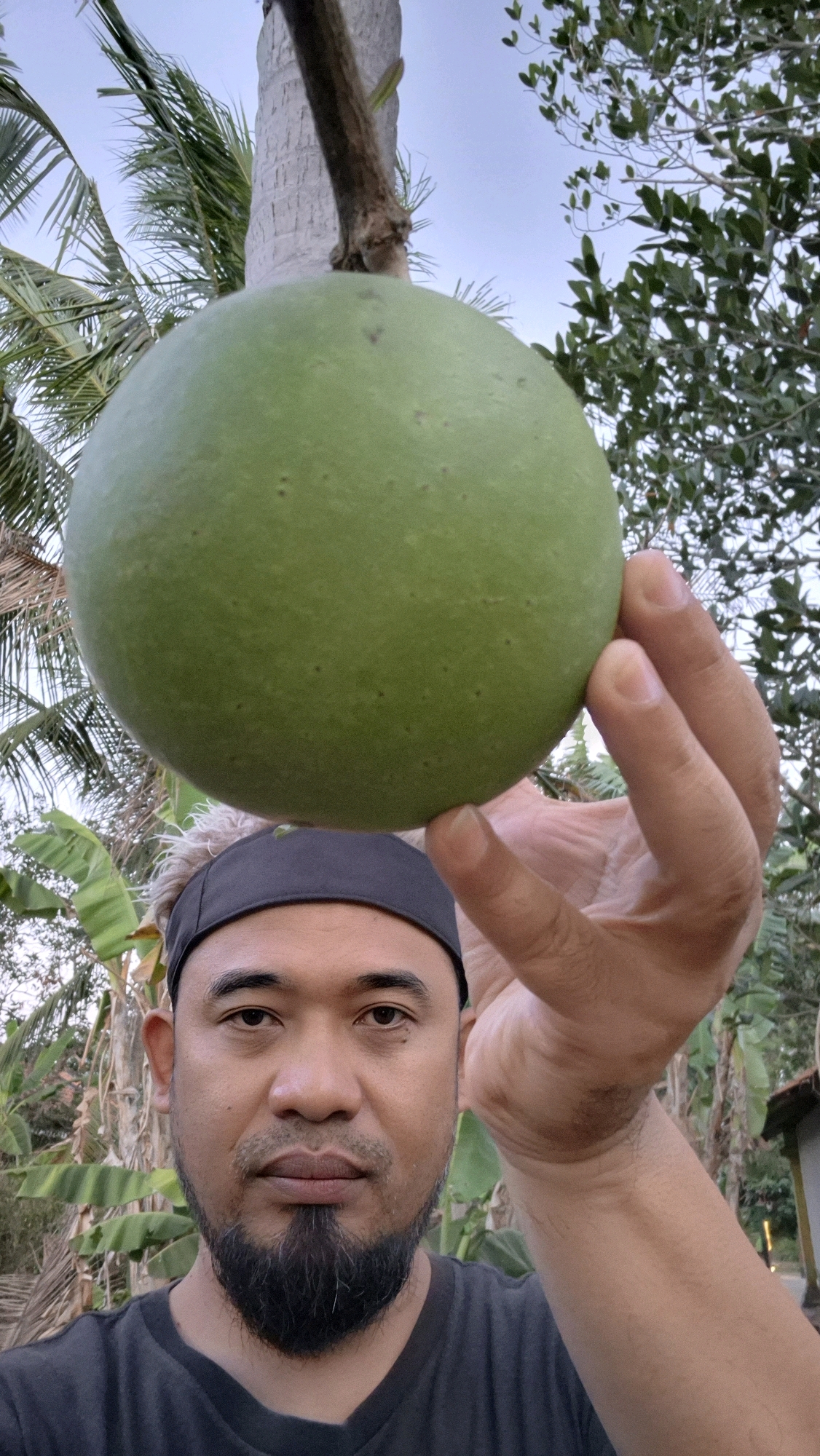 A man with a black headband and a goatee is holding a large, green, spherical fruit in front of his face, obscuring part of it. The man is wearing a black t-shirt. He is outdoors with lush green foliage and a palm tree in the background, suggesting a tropical or subtropical environment. The sky is visible and appears overcast. The image is taken from a low angle, looking upwards at the man and the fruit. The location is identified as Dukuhrejo, Indonesia.