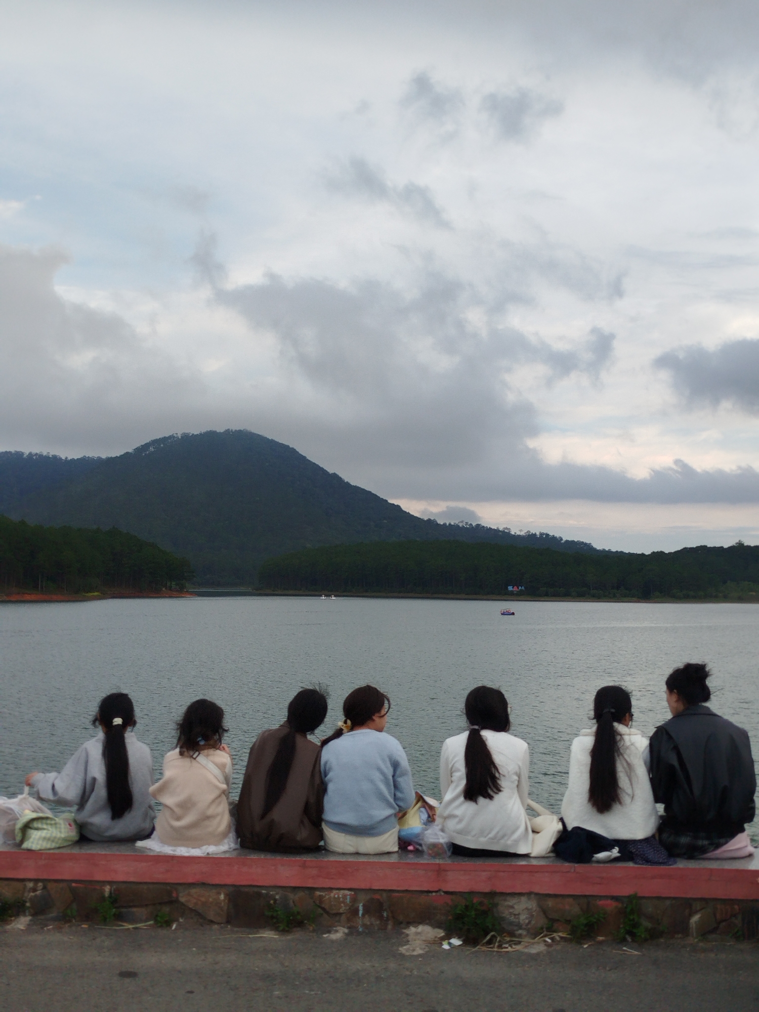 This media file captures a serene outdoor scene featuring six individuals, primarily women and girls, seated from behind on a stone ledge overlooking a tranquil lake. The subjects are dressed casually, with various hairstyles, including ponytails and buns. Some are holding bags or have items placed around them.
The background is dominated by a vast body of water, a lake, that extends towards a verdant landscape of dense forests and a large, dark, tree-covered mountain under a cloudy sky. The weather appears overcast, with dramatic cloud formations suggesting a potentially moody or tranquil atmosphere. The time of day is likely late afternoon or early evening, given the diffused light.
Two small boats are visible on the lake in the distance, suggesting recreational activity. The setting evokes a sense of peace and quiet contemplation, with the individuals appearing relaxed as they gaze out at the scenery. The composition highlights the natural beauty of the landscape, with the figures serving as a human element within this expansive environment. There is no visible text in the image. The location context of Da Lat, Vietnam, suggests this could be a popular scenic spot known for its lakes and mountains.