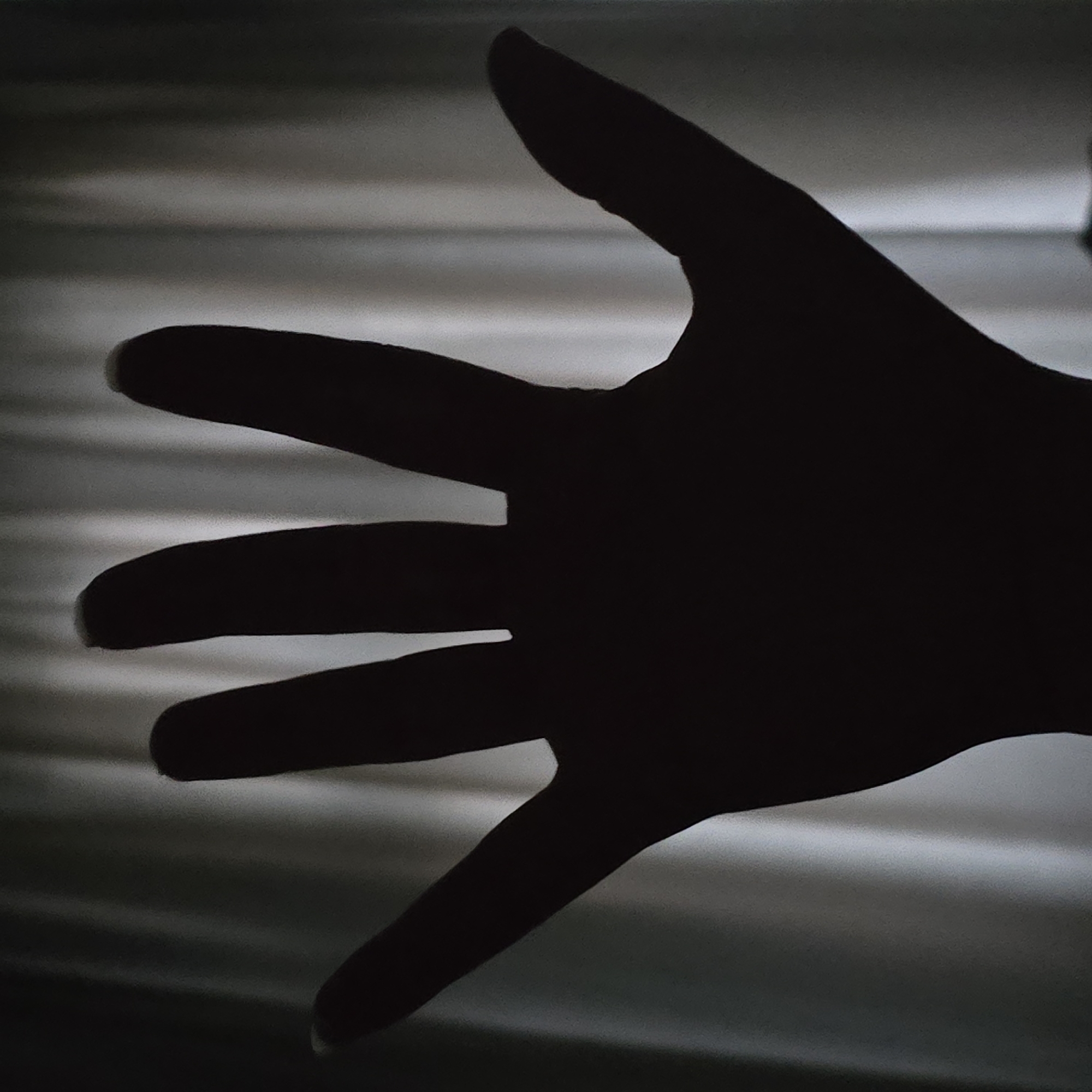 A close-up, low-light photograph depicts a silhouetted human hand against a gradient background. The hand is positioned with fingers extended and spread. The background consists of horizontal striations. The location and city are undetermined.