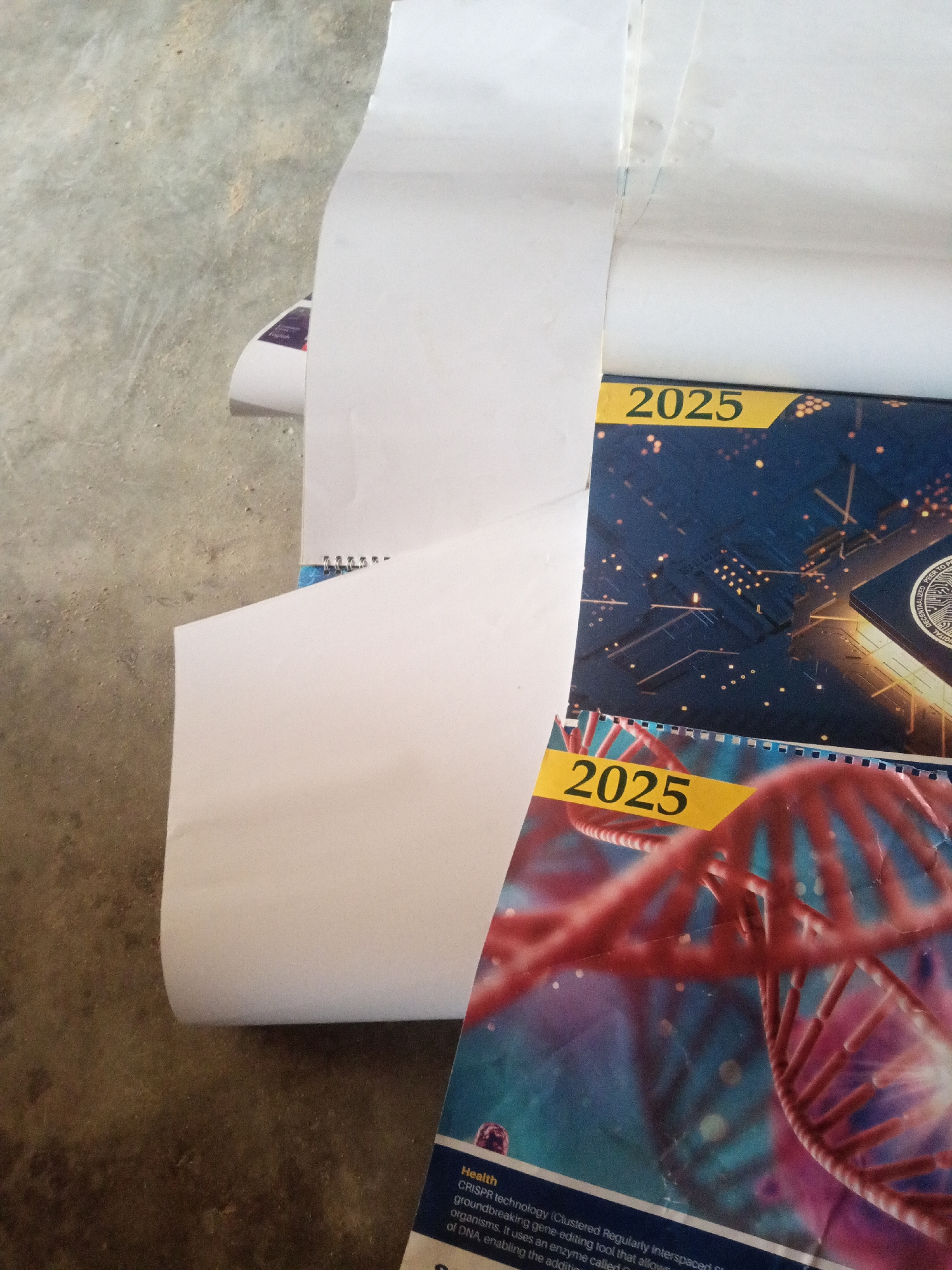 In Jalingo, Nigeria, a partially unrolled calendar for the year 2025 is positioned on a concrete floor. The calendar pages display scientific imagery, including a depiction of a DNA double helix and a futuristic circuit board with glowing elements. The calendar's binding is visible, suggesting it is a spiral-bound desk or wall calendar. The floor appears to be rough and textured, consistent with outdoor or industrial concrete. The lighting suggests an indoor or shaded outdoor environment.