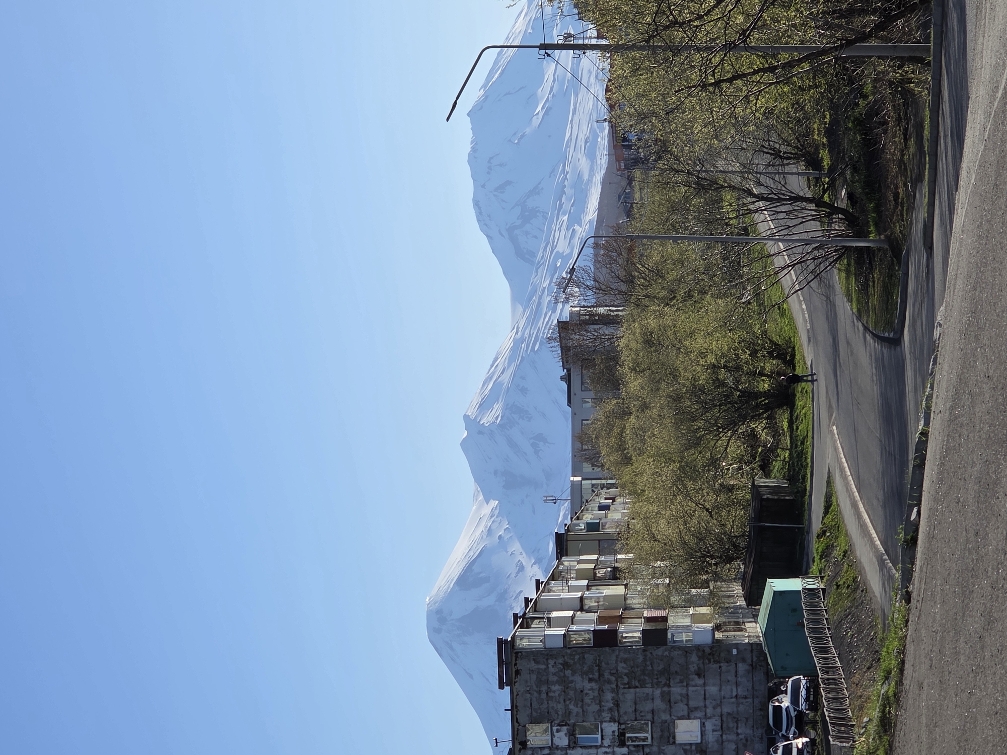 The image shows a view in Petropavlovsk-Kamchatsky, Russia, with a large, snow-covered mountain in the background, likely one of the volcanoes surrounding the city. In the foreground are buildings, trees beginning to bud, a street, and streetlights. A concrete multi-story building is visible, likely an apartment complex. Several cars are parked near the base of the building. A green shed or structure is also visible near the buildings. The sky is clear and blue.