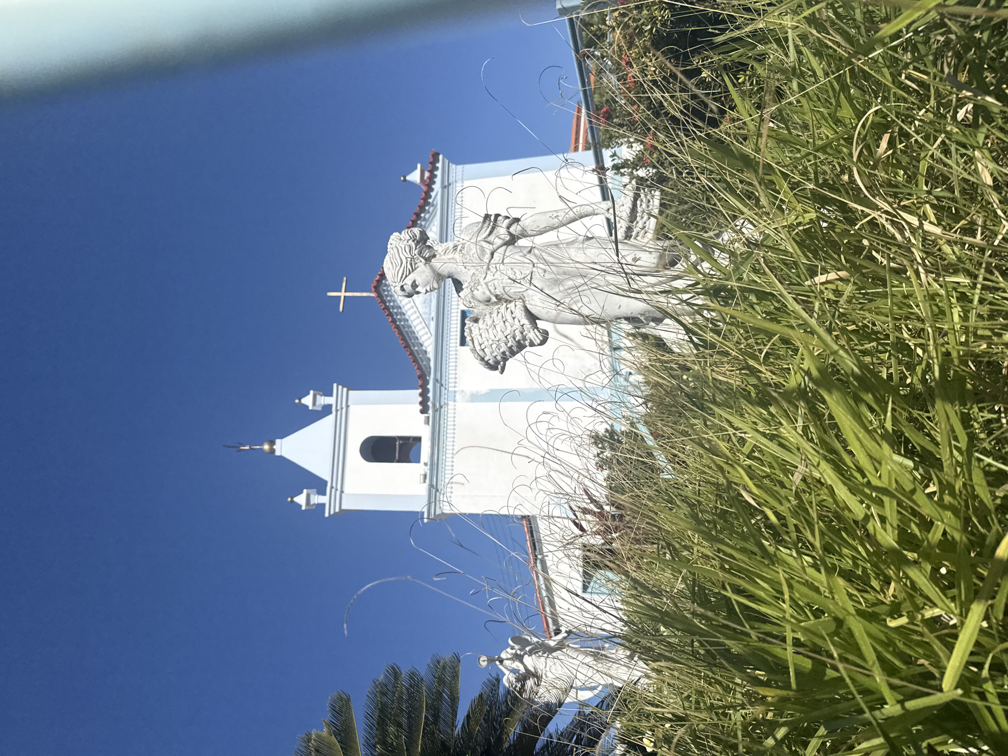 In Arraial do Cabo, Brazil, a white church with blue trim and a bell tower stands against a clear blue sky. In the foreground, tall green grass obscures the base of the church, and a white statue of a woman holding a basket is partially visible through the foliage. Another white statue is visible to the left of the woman. A cross adorns the peak of the church's roof.