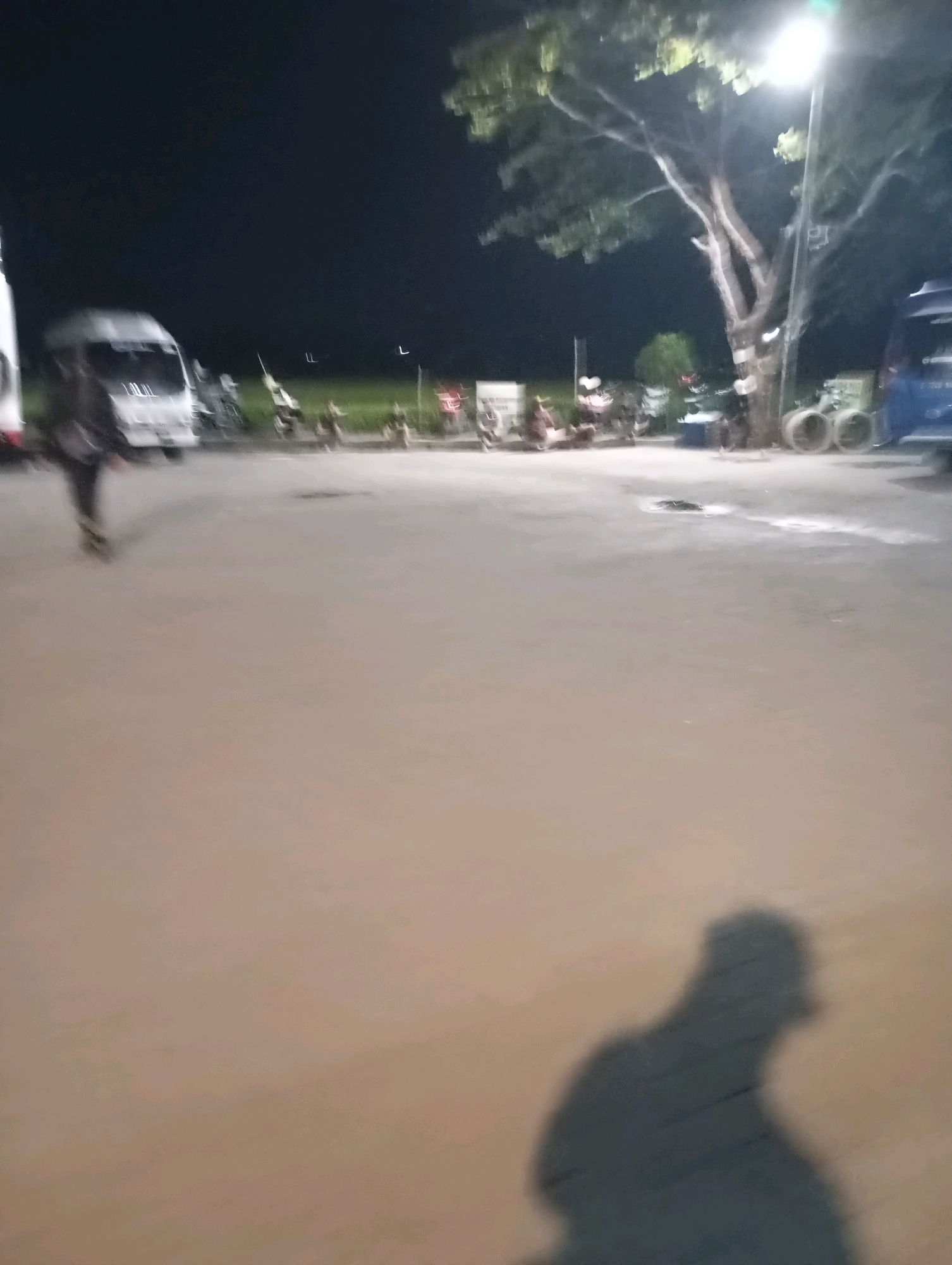 The image depicts a dimly lit outdoor scene at night, likely a street or parking area in Purworejo, Indonesia. In the foreground, a prominent shadow of a person on roller skates is cast on the ground, indicating motion. The figure itself is blurred but appears to be wearing dark clothing. In the middle ground, several vehicles are visible, including a white van or minibus that is partially obscured. There are also bicycles and motorcycles parked or present in the area. A tall streetlamp with a bright light source illuminates a large tree with spreading branches. In the background, more vehicles and indistinct figures can be observed. The overall atmosphere is dark, with artificial lighting casting long shadows. The ground appears to be paved.