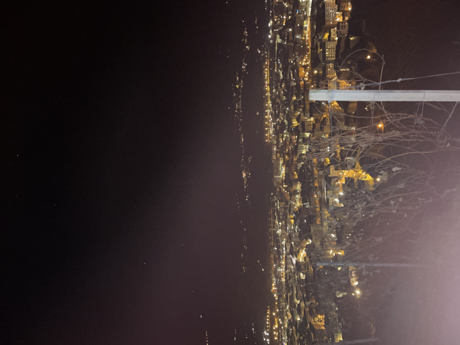 This is a nighttime photograph depicting an extensive view of a city located in a valley, likely Sondrio, Italy, taken from an elevated perspective. When viewed upright (rotated 90 degrees clockwise), the dark night sky occupies the upper left portion of the frame.
The city's artificial lights dominate the middle and right sections of the image, forming bright clusters and lines that outline urban development along what appears to be a valley floor. A darker, less illuminated expanse, possibly a river or unlit terrain, separates the denser city lights from a fainter, more scattered line of lights in the distance to the left.
In the immediate foreground on the right side, bare branches or vines partially obscure the view, suggesting the presence of nearby vegetation or a trellis. Two light-colored, vertical posts are also visible in this foreground area. Within the illuminated city, a prominent structure with a distinct yellow-orange glow stands out towards the center-right, possibly a landmark building such as a church or historical site.
The overall scene conveys a sense of a bustling urban landscape at night, viewed from a high vantage point. The sky appears clear, with only a few very faint pinpricks of light, suggesting either limited visibility of stars due to light pollution or atmospheric haze. There are no people visible in the photograph, and no discernible text is present.