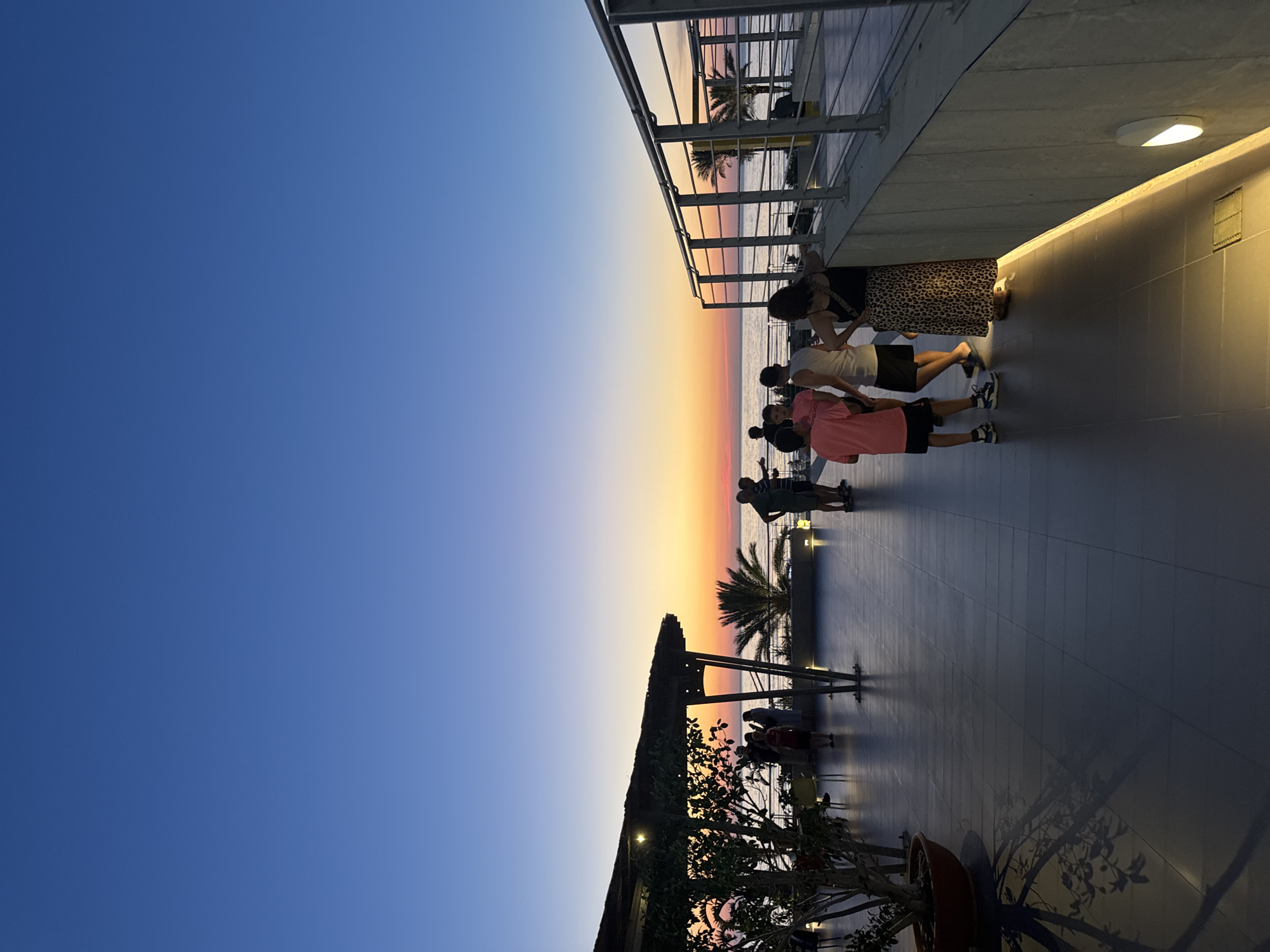 The image shows a group of people gathered on a raised, tiled patio at sunset, overlooking the sea. The sky transitions from a deep blue at the top to a gradient of orange, yellow, and pink near the horizon. The sea is calm. On the patio, there is a covered seating area with a thatched roof and some potted plants. A metal railing runs along the edge of the patio, providing a view of the sea and palm trees below. Several individuals are standing or walking on the patio, some appearing to be in conversation. The overall atmosphere is relaxed, suggesting a social gathering or a casual outing at a waterfront establishment. The location is identified as Isola delle Femmine, Italy.