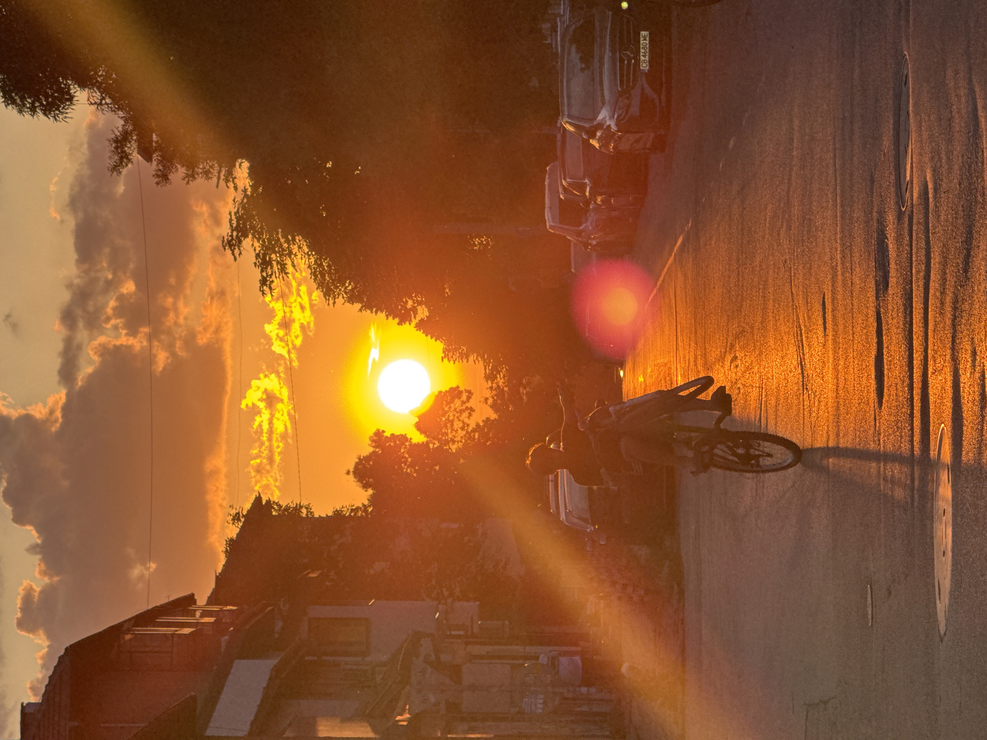 The image depicts a street scene in Sofia, Bulgaria, during sunset or sunrise. The prominent, bright circular sun is positioned in the upper-middle right of the frame, casting intense golden light across the environment and generating significant lens flare. A male individual on a bicycle is performing a wheelie in the mid-ground, silhouetted against the sun's glare, with his left arm extended horizontally. His elongated shadow stretches towards the lower-left on the asphalt road, which reflects the warm light and features two visible manhole covers. On the left side of the street, multi-story buildings with pitched roofs are partially visible as warm, muted silhouettes. The right side of the street is lined with trees and several parked vehicles, including a black Mercedes sedan in the lower-right foreground bearing the Bulgarian license plate "CB 4680 ME". Dense foliage lines both sides of the road, appearing mostly in silhouette. The sky above displays warm orange and yellow clouds, illuminated by the low sun. A distinct reddish-pink circular lens flare is present in the lower-right quadrant, along with linear light streaks emanating from the sun.