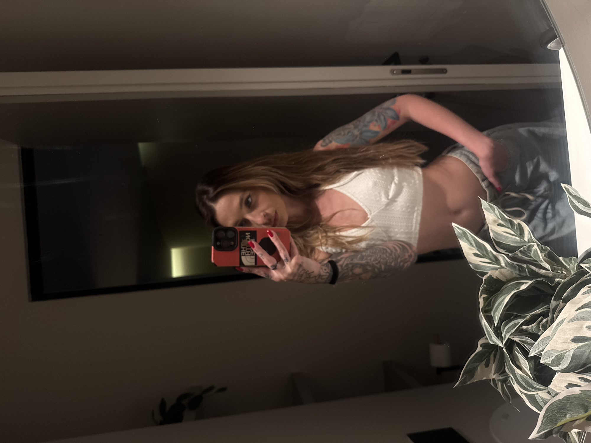 A woman is taking a selfie in front of a mirror. She has long brown hair, tattoos on her arms, and is wearing a white top and grey pants. She is holding a red phone in her right hand. In the foreground, there is a plant with white and green leaves. The reflection in the mirror also shows a window and some furniture. The location cannot be determined from the image.