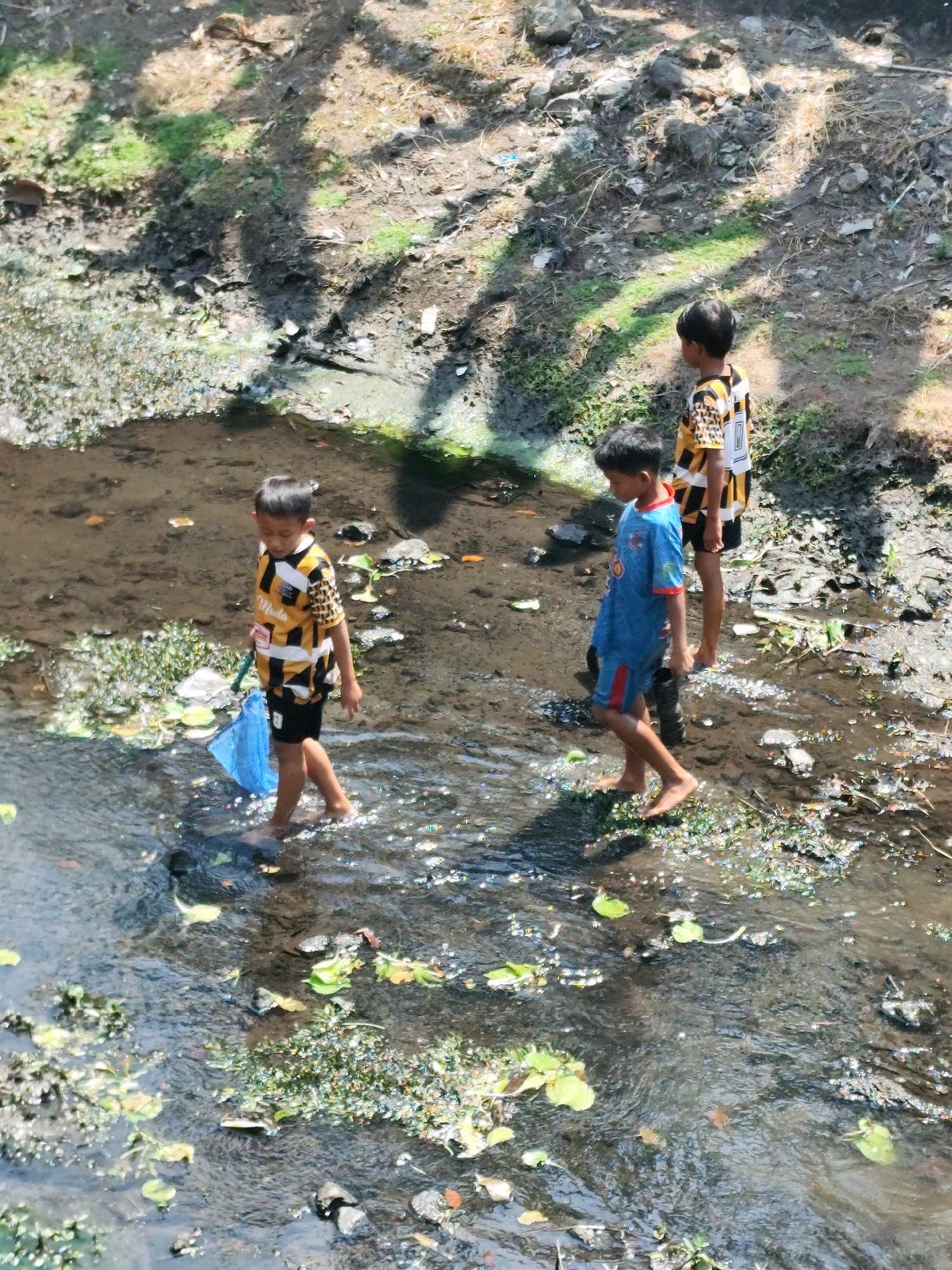 Three young boys are wading through shallow, murky water in what appears to be a drainage ditch or stream in Bambanglipuro, Indonesia. The boy on the left is wearing a yellow and black patterned shirt and dark shorts, carrying a blue net. The boy in the middle is wearing a blue shirt with red trim and dark shorts. The boy on the right is wearing a yellow and black patterned shirt and dark shorts. The water is littered with debris, including plastic waste and green plant matter. The banks of the ditch are muddy and overgrown with vegetation, with shadows from trees cast across the scene. The overall environment suggests a less-developed urban or semi-urban area.