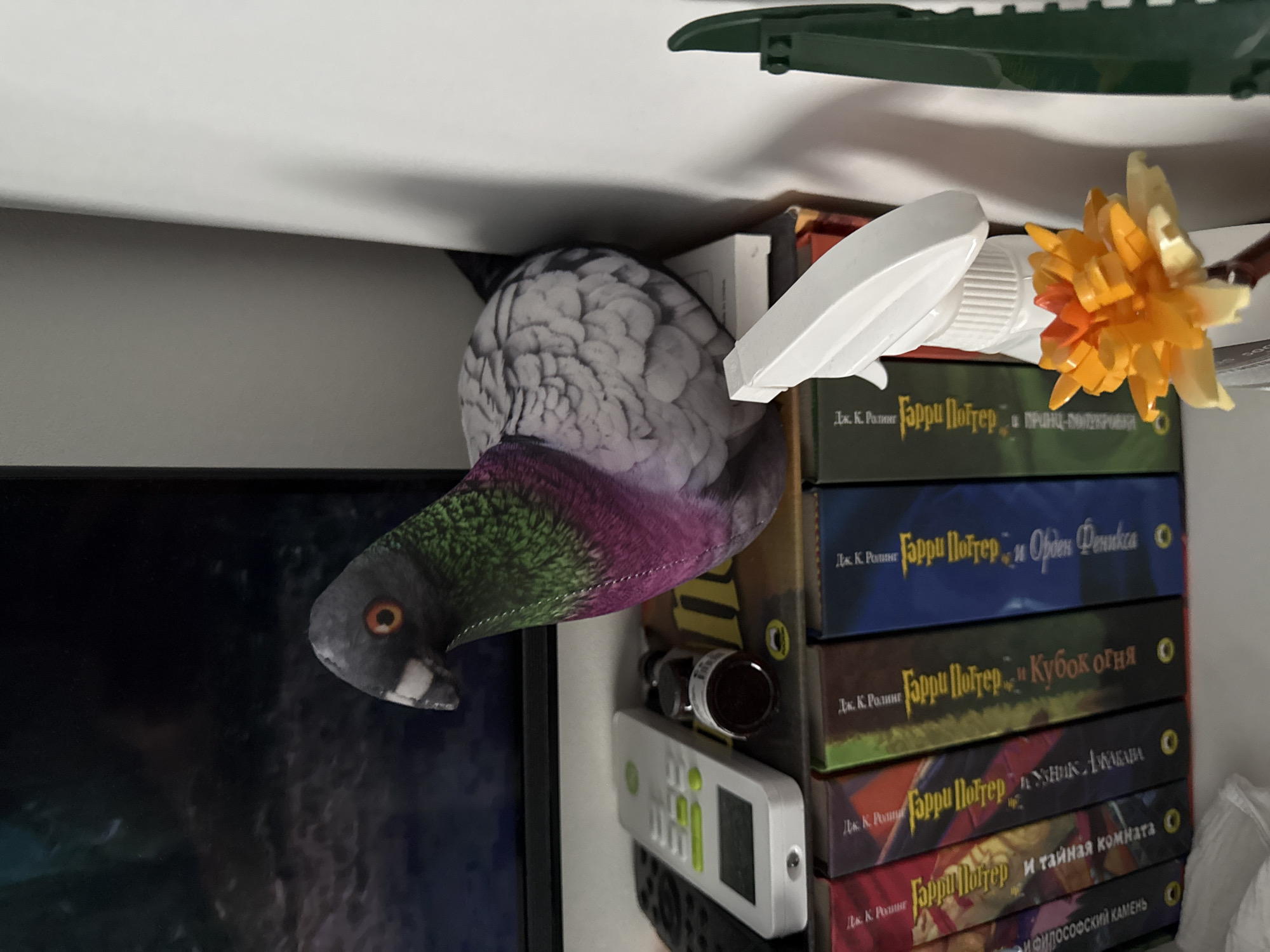 The image shows a shelf containing several items. Stacked vertically on the shelf are several books titled "Harry Potter" in Russian, with visible titles including "Order of the Phoenix" and "Goblet of Fire." To the left of the books is a toy pigeon. A white spray bottle and an artificial orange flower are also present on the shelf. A small white remote control lies alongside the books and pigeon. Part of a black screen is visible in the lower left corner of the image.