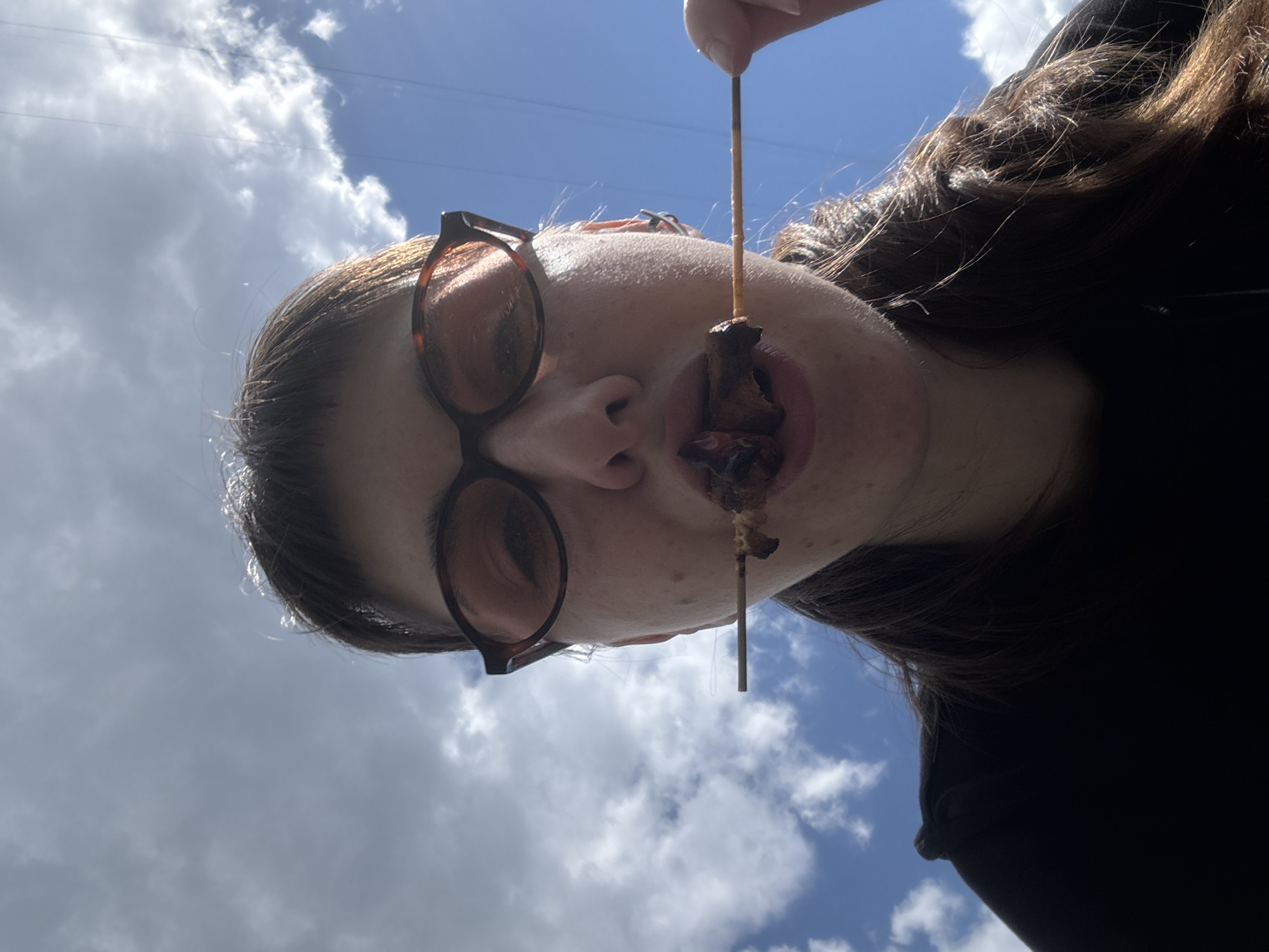 A person with brown hair and glasses is holding a skewer with food in their mouth. The person is wearing a black shirt. The background is a cloudy sky. The location is undetermined, and there is no evidence to suggest it is in Moscow, Russia.
