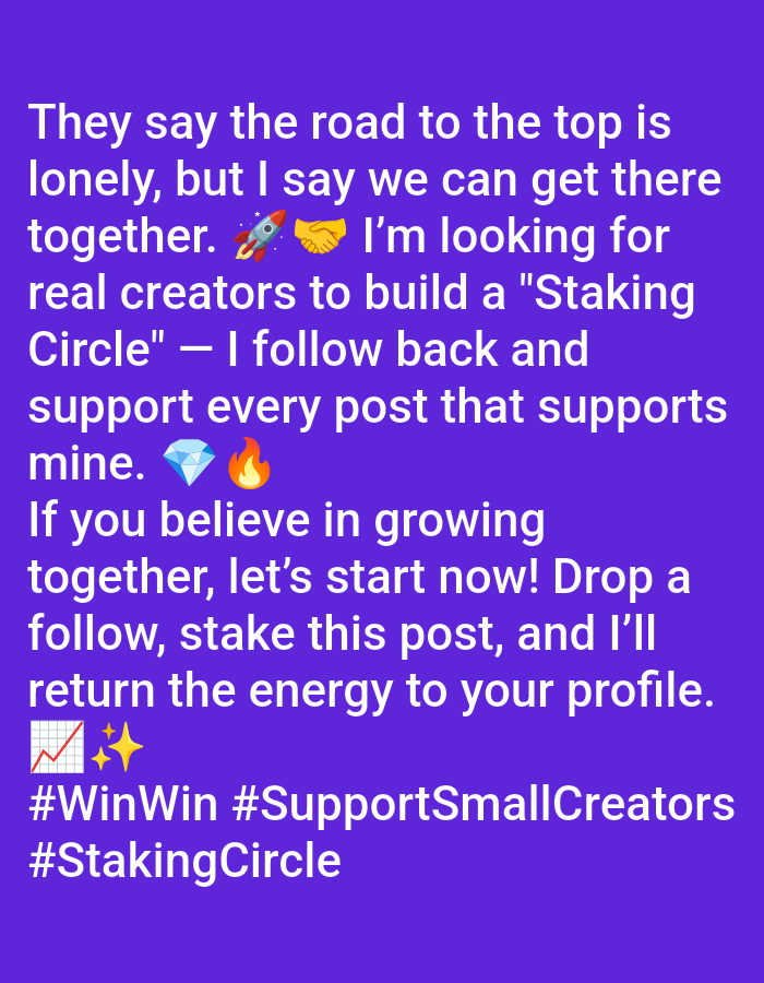 Here is a description of the image:
The image is a text post on a purple background. The text promotes a "Staking Circle" where the poster offers to follow back and support other content creators who support their posts. The hashtags at the bottom include #WinWin, #SupportSmallCreators, and #StakingCircle. Emojis used are a rocket, handshake, diamond, flame, chart, and sparkles.