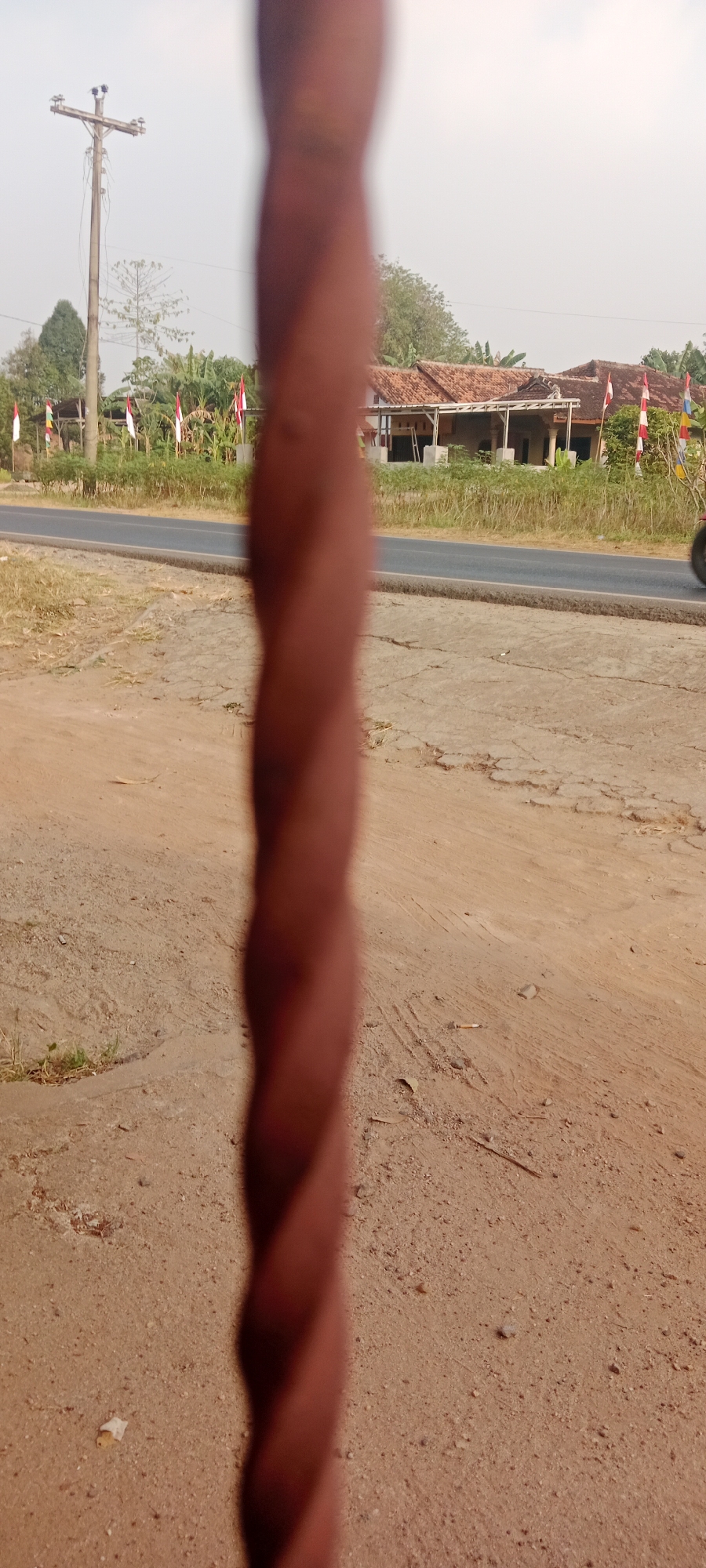 A vertical, blurred, dark brown, twisted object dominates the foreground of the image, obscuring a portion of the scene. Beyond this object, a paved road runs horizontally across the mid-ground. To the left of the road, a wooden utility pole with crossbars and insulators stands tall. Several Indonesian flags, red and white, are planted in a line along the edge of the road. In the background, a row of houses with tiled roofs is visible, nestled among trees and vegetation. The sky is overcast and pale. The ground in the foreground is a mixture of sand and dirt with some patches of dry grass and scattered debris.