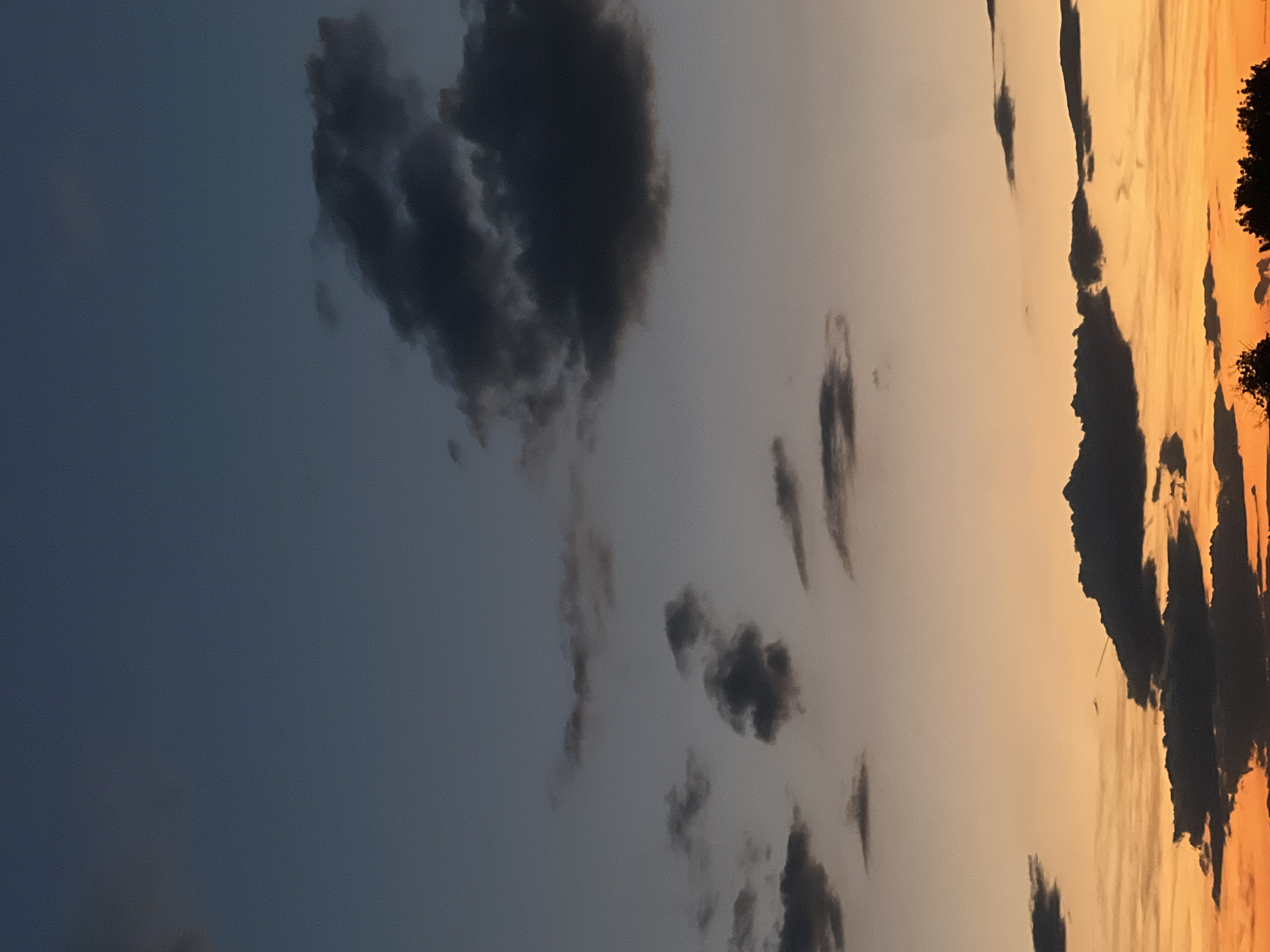 This is a photograph of a sunset over Plovdiv, Bulgaria. The sky is a gradient of deep blue at the top, transitioning to shades of grey and orange as it approaches the horizon. There are scattered dark clouds across the sky, some appearing wispy and others more dense and textured. The lower part of the image shows a dark silhouette of trees against the bright orange glow of the setting sun. The scene appears to be a natural landscape, with no buildings or people immediately visible.