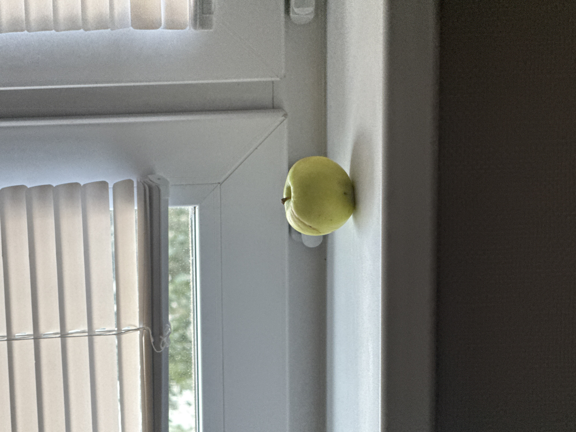 A single, pale green apple rests on a white windowsill. Behind the apple, vertical blinds are partially drawn, revealing a blurred view of green foliage outside. The windowsill is clean and appears to be made of plastic. The overall scene is indoors, with natural light illuminating the apple and the window area. The image does not contain any elements that would allow for the identification of its specific location within the city of Perm, Russia, or any specific time.