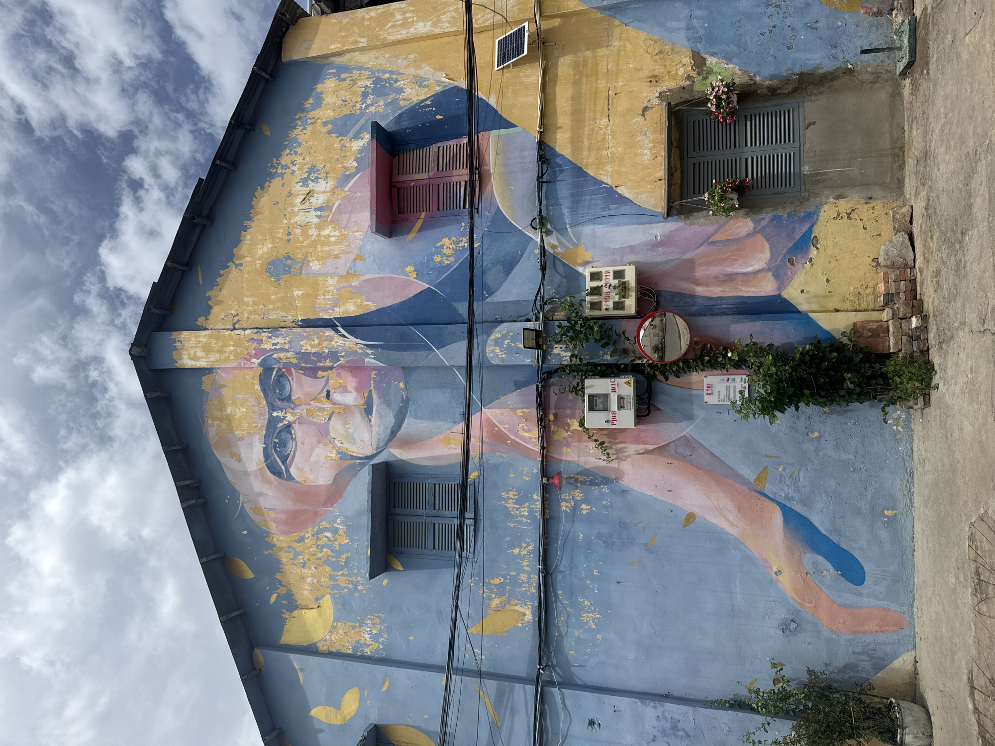 The image depicts a colorful mural on the facade of a building in Battambang, Cambodia. The mural features a stylized portrait of a person with blue and yellow accents, superimposed over geometric shapes in shades of blue, pink, and yellow. The paint is weathered and peeling in many areas, revealing the underlying texture of the wall.
Several objects are attached to the building's exterior, including electrical boxes, a solar panel, a circular convex mirror, and two hanging flower baskets. A window with grey shutters is visible on the right side of the mural, and another window with similar shutters is on the left. Overhead, a tangle of electrical wires crisscrosses the facade.
The ground in front of the building is paved with concrete. Potted plants and a stack of bricks are also present at the base of the wall. The sky above is cloudy with patches of blue. The overall scene suggests an urban environment with signs of wear and tear, yet enlivened by vibrant street art.