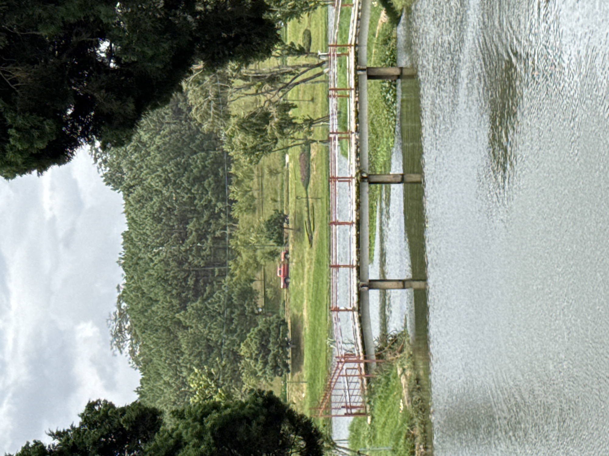 This is a wide shot of a tranquil park scene in Lâm Viên - Đà Lạt, Vietnam. In the foreground, a calm body of water reflects the overcast sky. A simple pedestrian bridge with red railings spans across the water, supported by two concrete pillars. The bridge is surrounded by lush green grass and vegetation. In the midground, a vibrant red truck is parked on a grassy area behind the bridge. The background is dominated by a dense forest of pine trees, with some scattered deciduous trees and manicured parkland. The sky is cloudy, suggesting a possibly cool or humid day.
