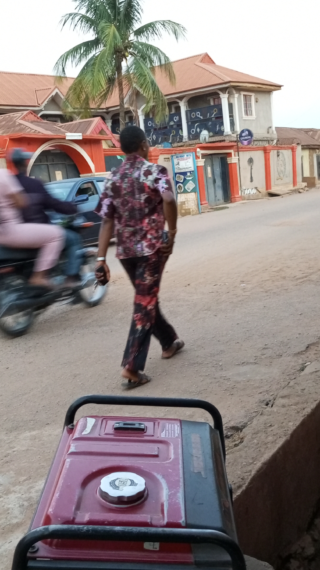 The image shows a street scene in Sabon Tasha, Nigeria. A man in a floral patterned shirt and pants walks away from the camera, holding a cell phone. A motorcycle with two passengers speeds by in the background. A gas-powered generator sits in the foreground. Behind the man is a building with a red roof, arched entryway, and a sign for "Mac Frenzy Hotel." A palm tree is visible near the building. The road appears to be unpaved and dusty.